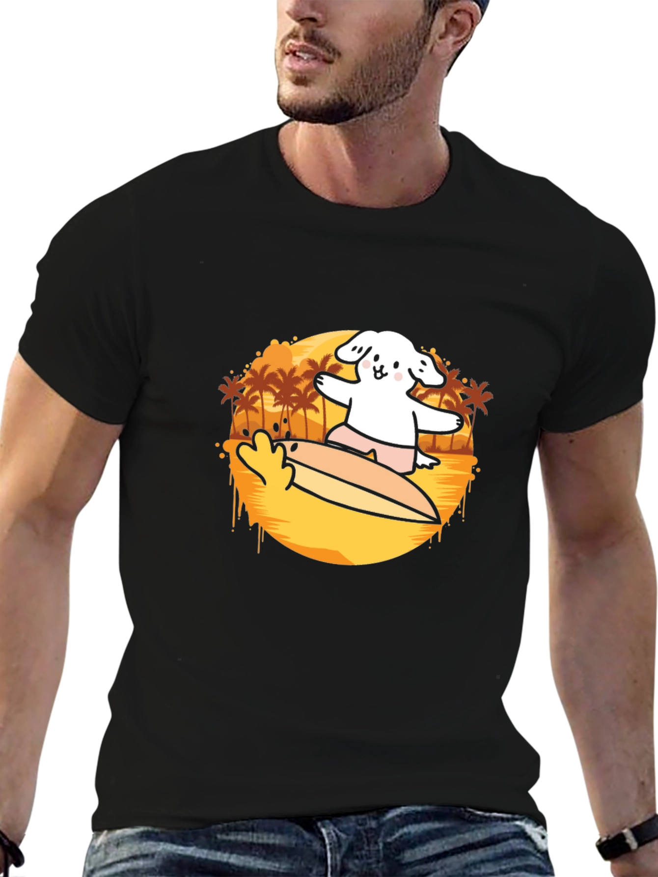 Surfing Dog Graphic Tee - Black Cotton Casual T-Shirt