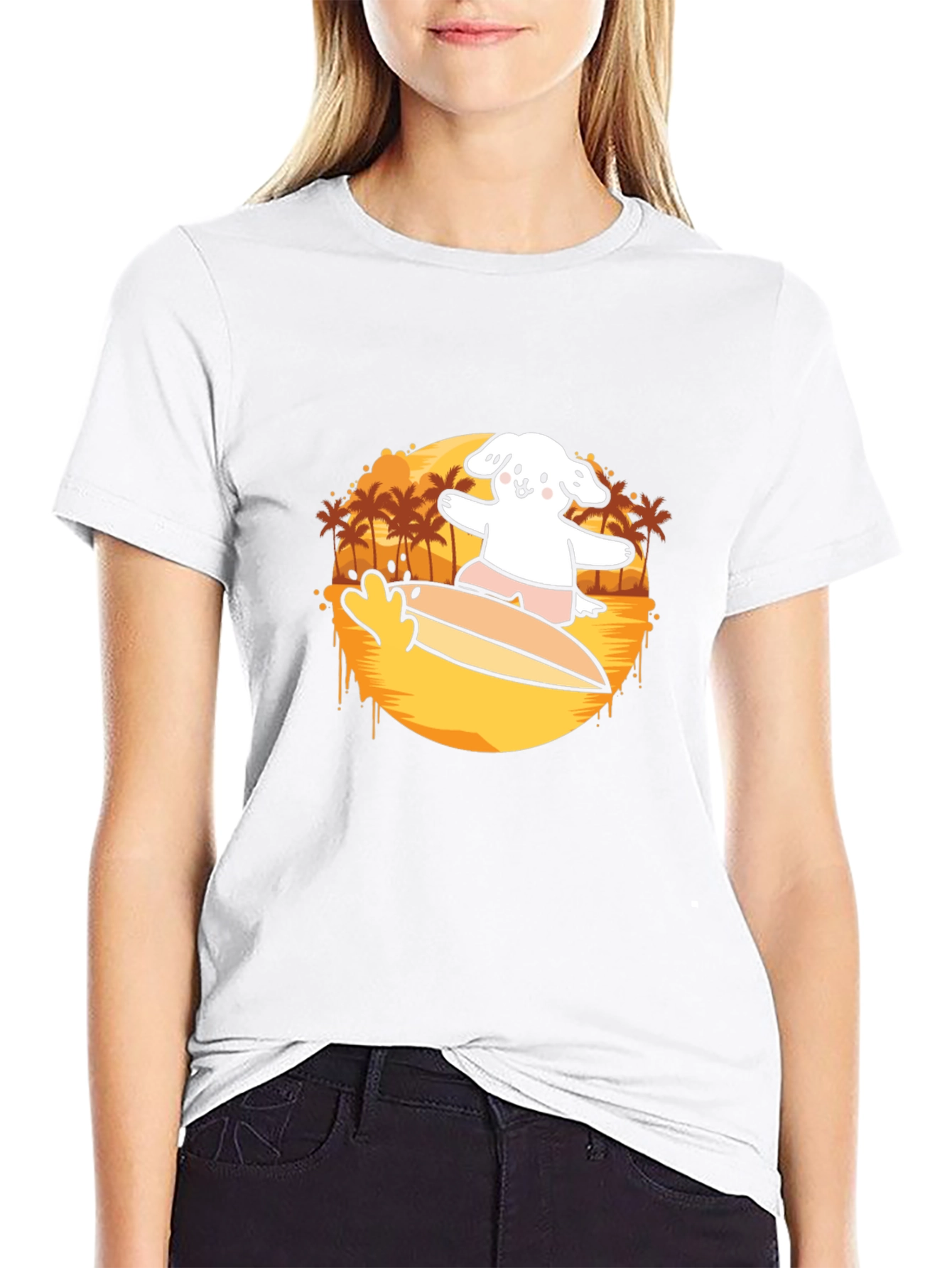Surfing Dog Graphic Tee - Black Cotton Casual T-Shirt