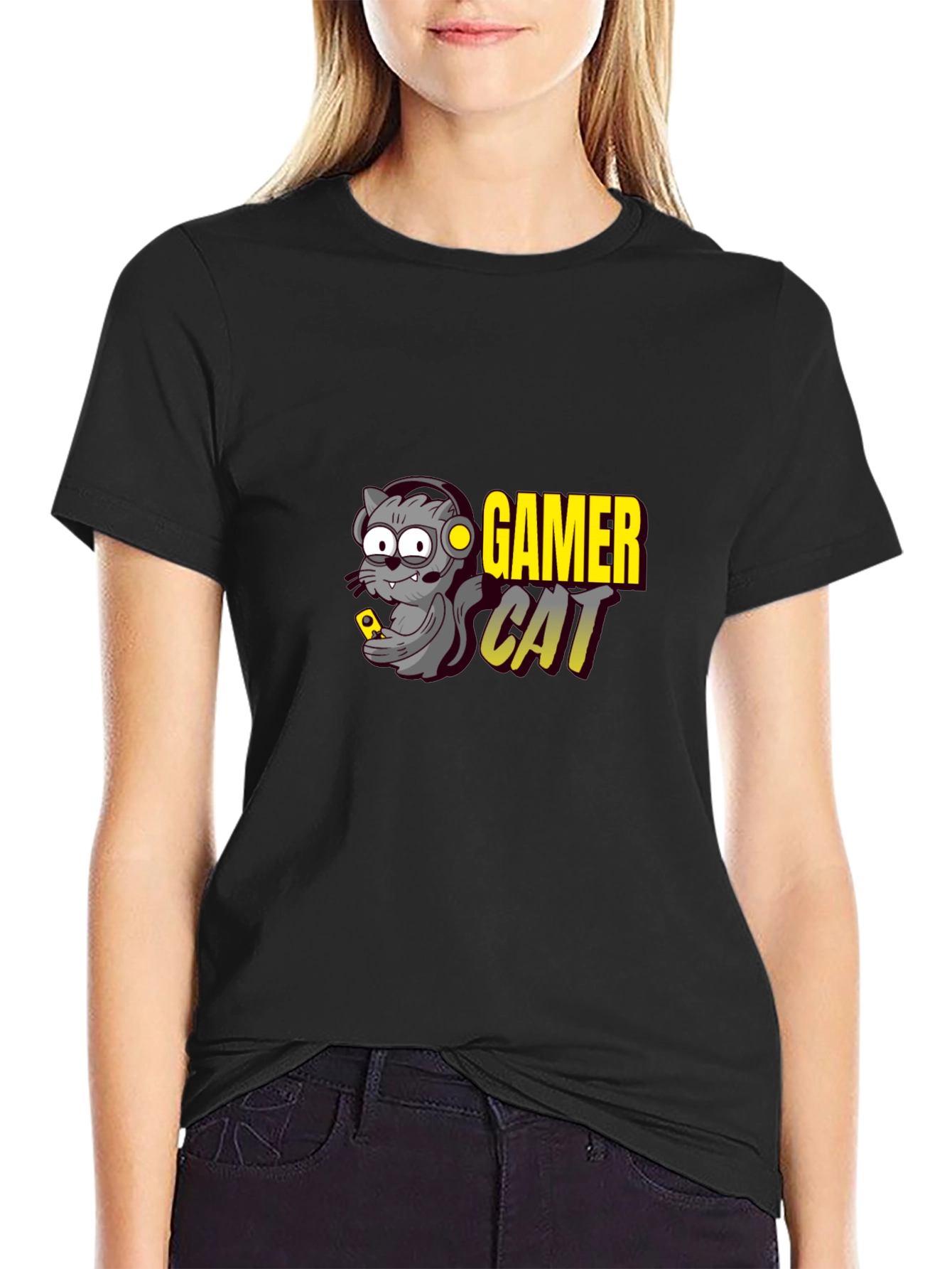 Gamer Cat Graphic T-Shirt - Black Cotton Tee
