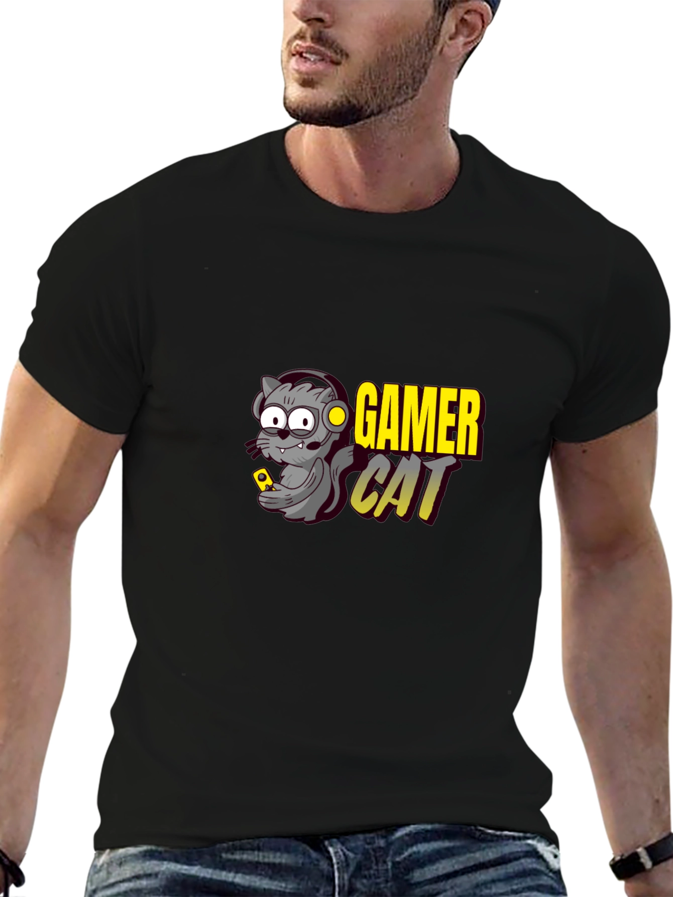 Gamer Cat Graphic T-Shirt - Black Cotton Tee