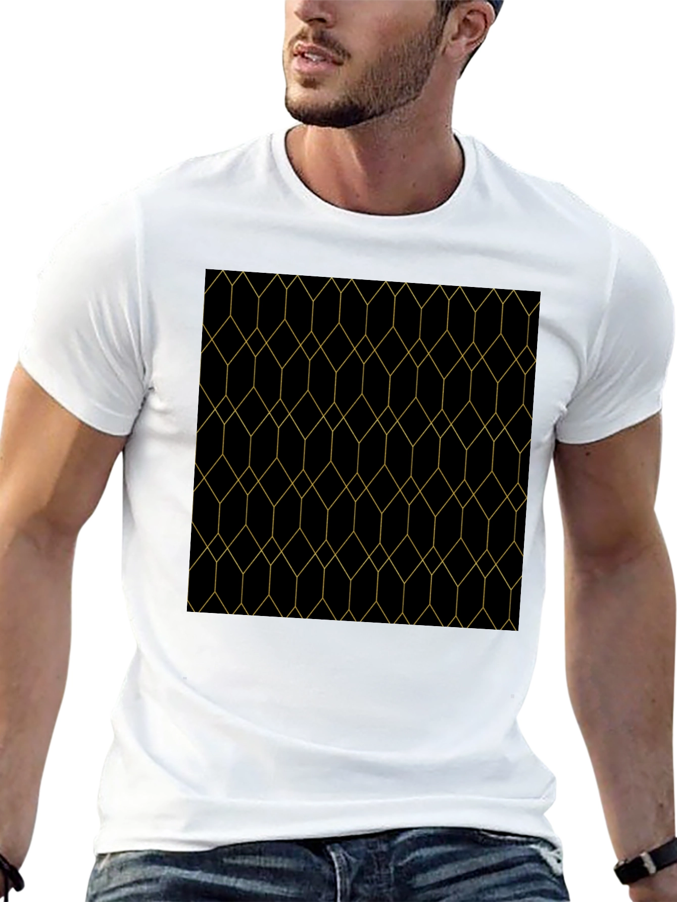 Geometric Gold Line Patterned Black T-Shirt