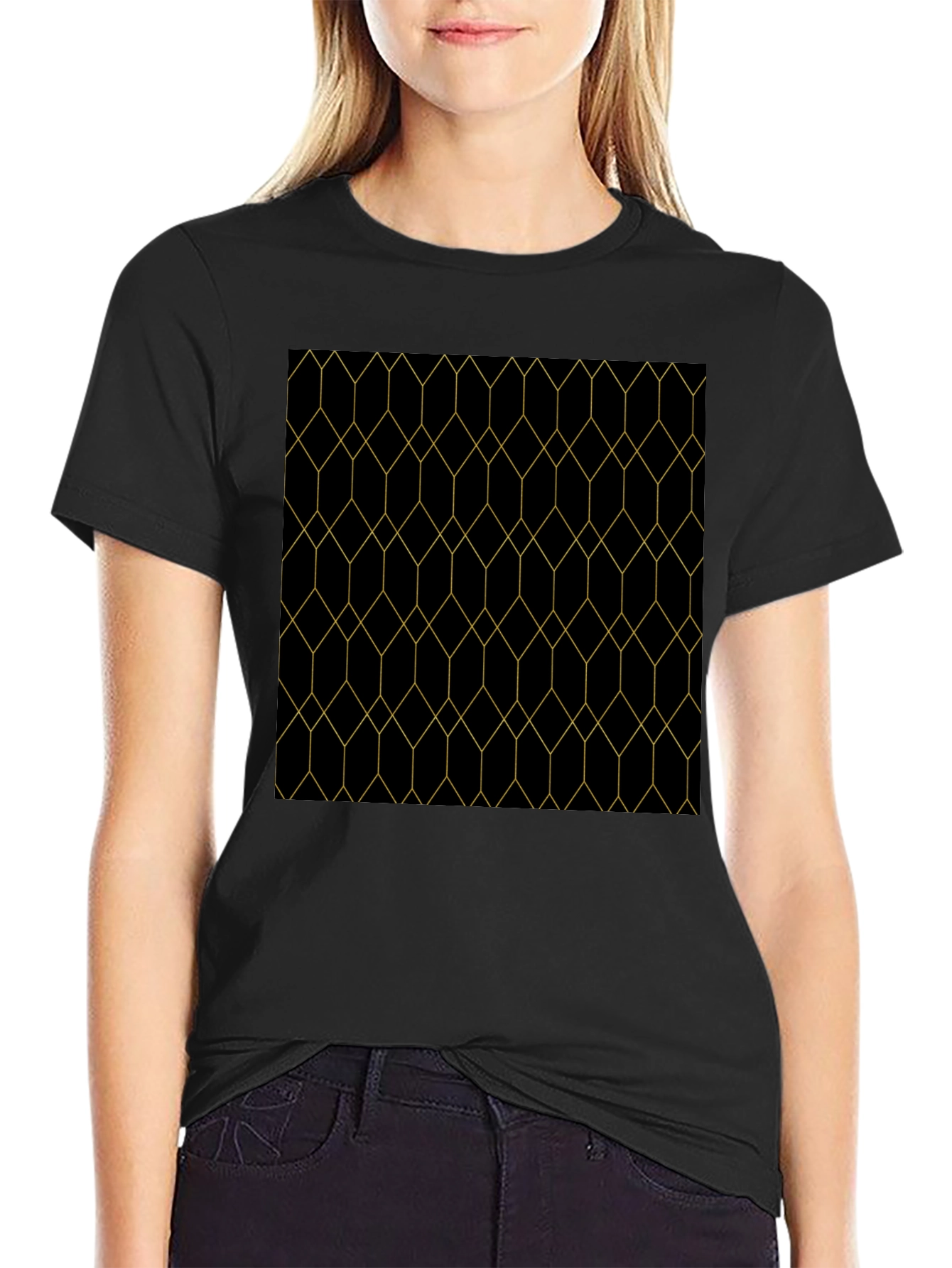 Geometric Gold Line Patterned Black T-Shirt