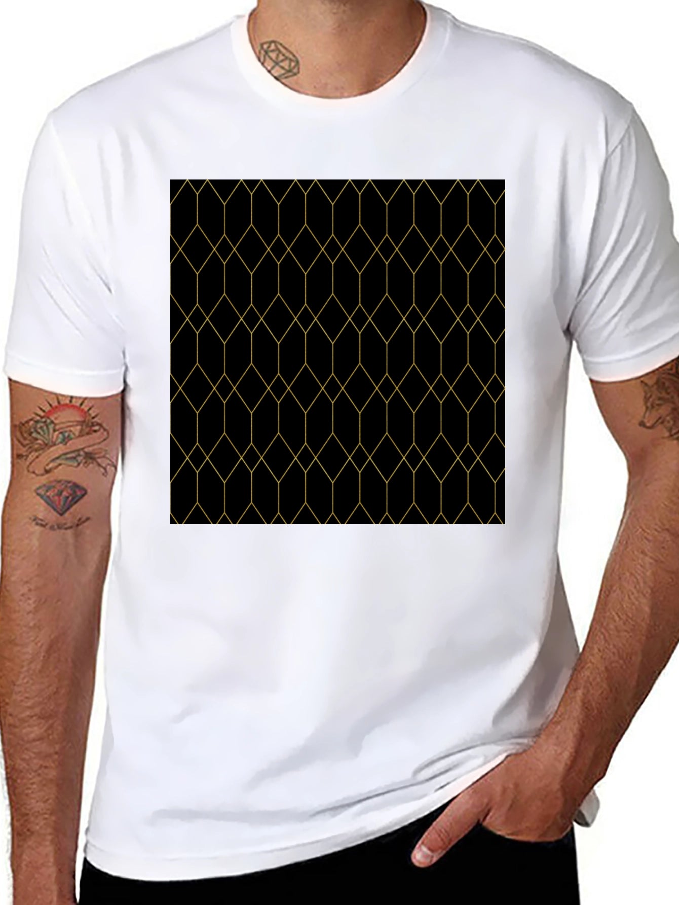 Geometric Gold Line Patterned Black T-Shirt