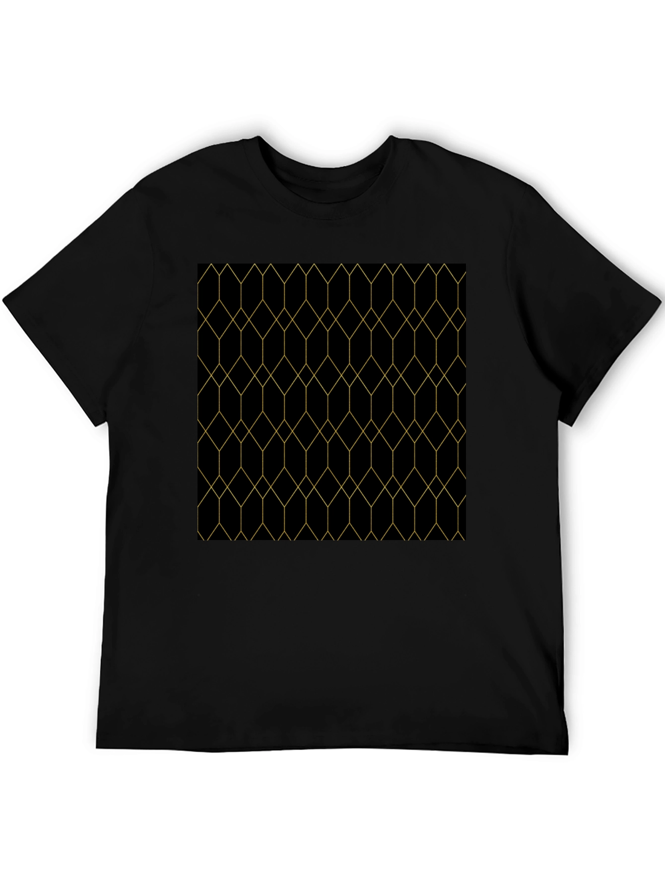Geometric Gold Line Patterned Black T-Shirt