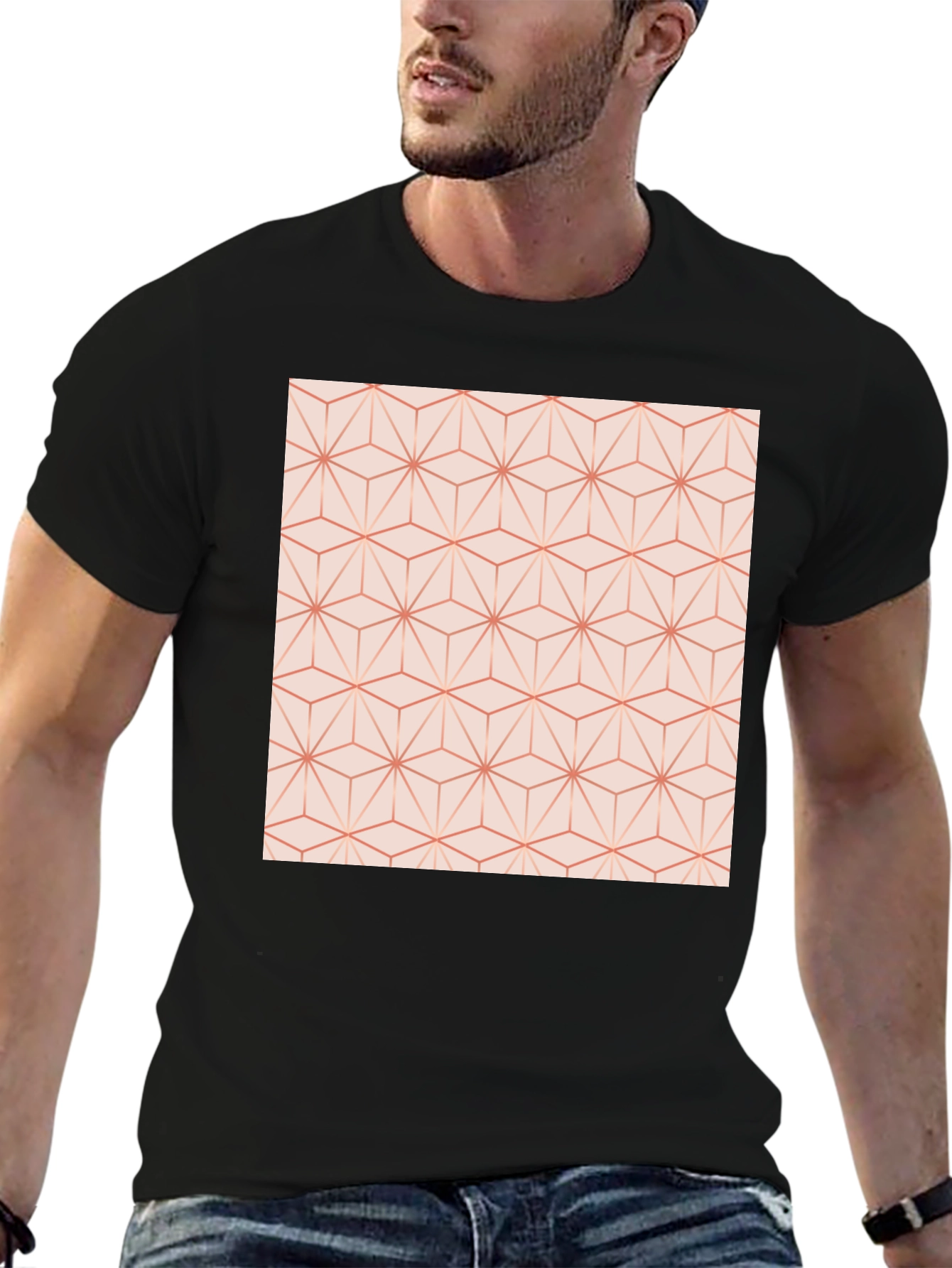 Geometric Pattern Tee - Modern Style Black Cotton