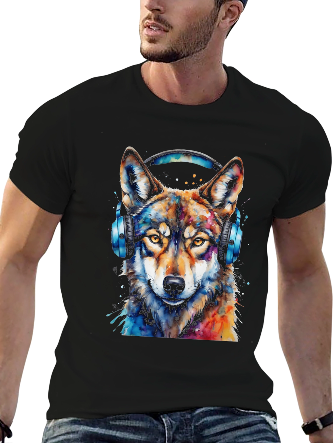Wolf Headphone Graphic Black T-Shirt