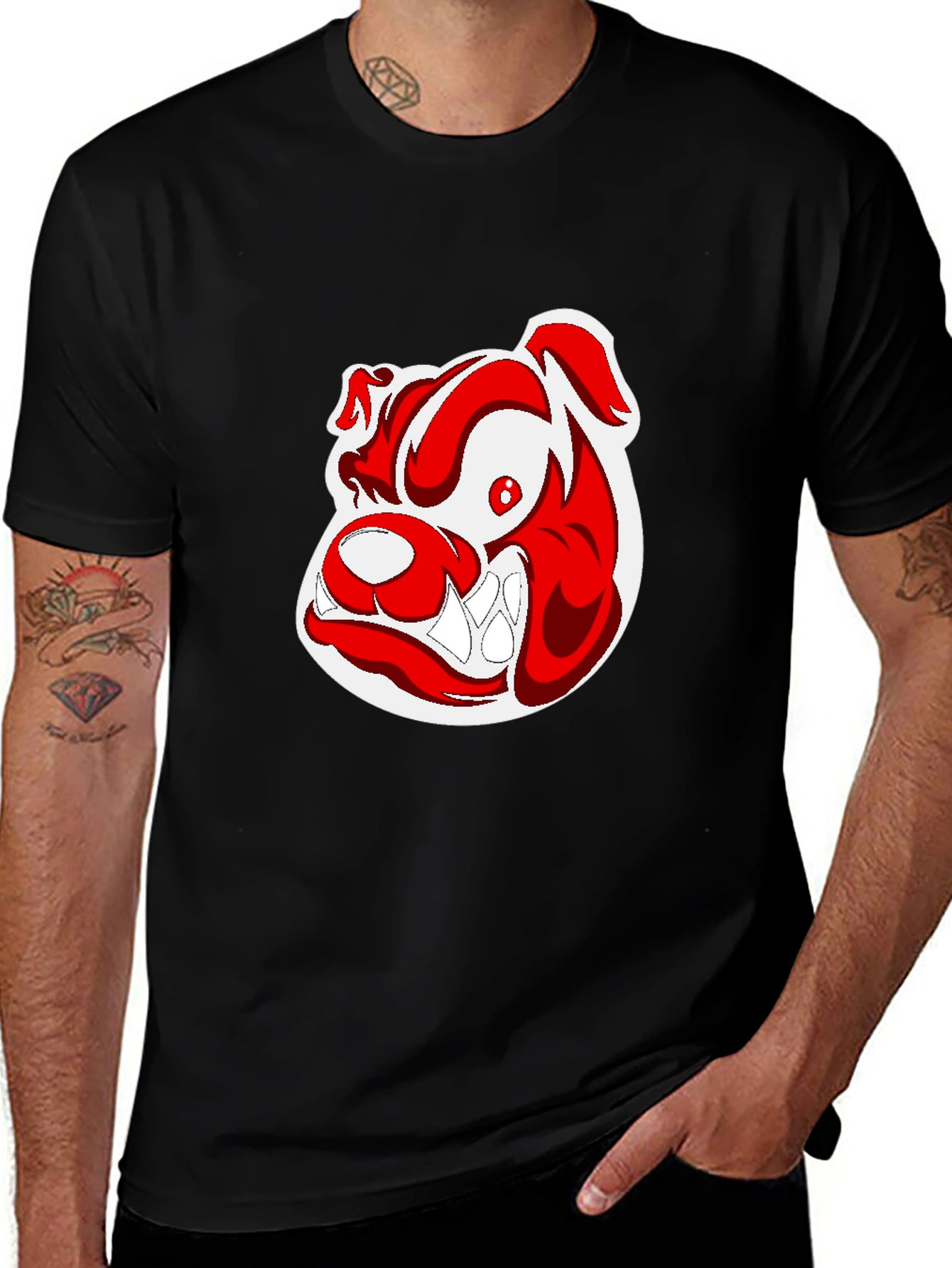 Black T-Shirt with Cartoon Bulldog Graphic