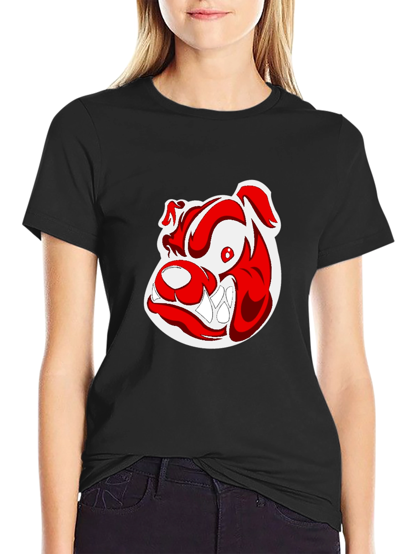 Black T-Shirt with Cartoon Bulldog Graphic