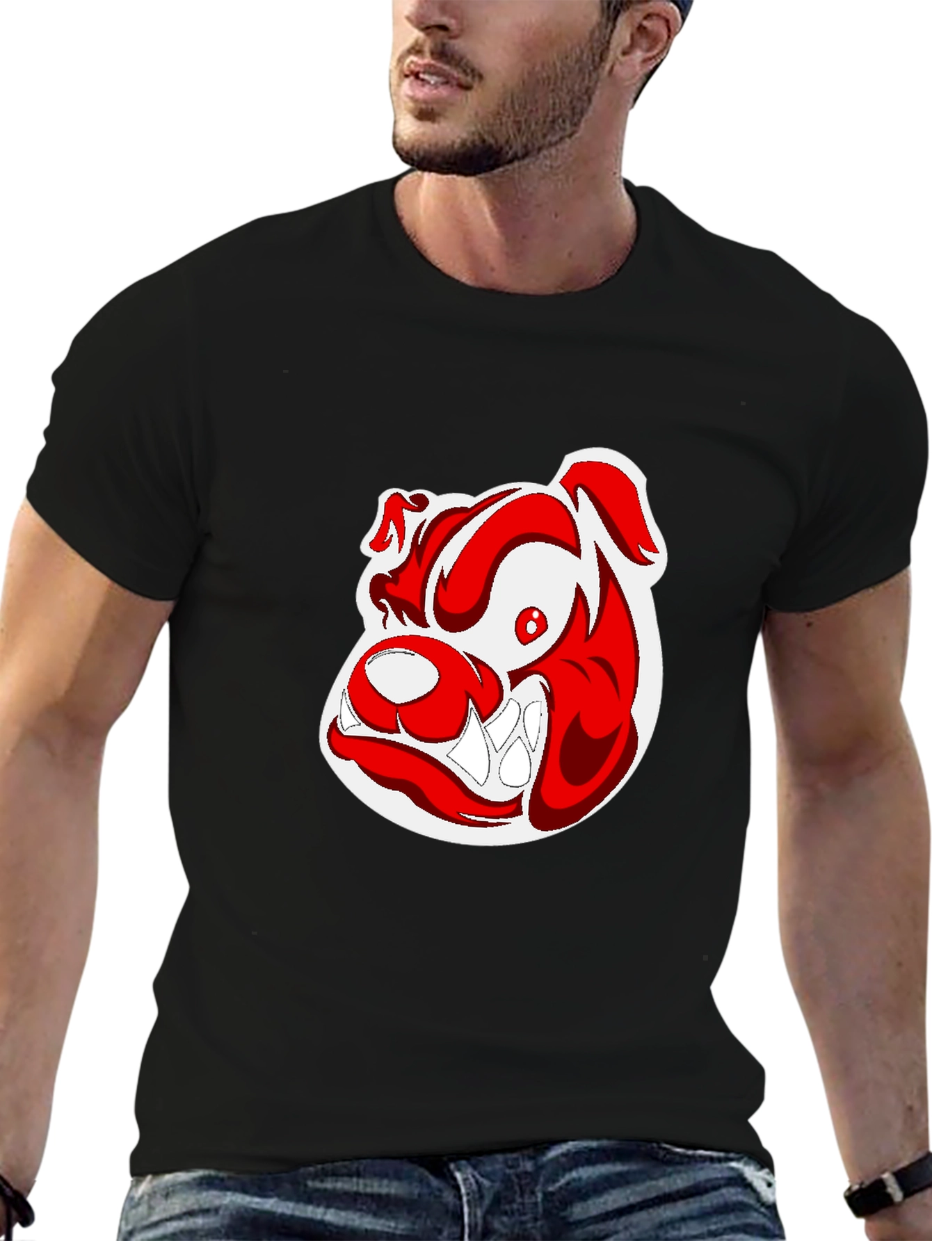 Black T-Shirt with Cartoon Bulldog Graphic
