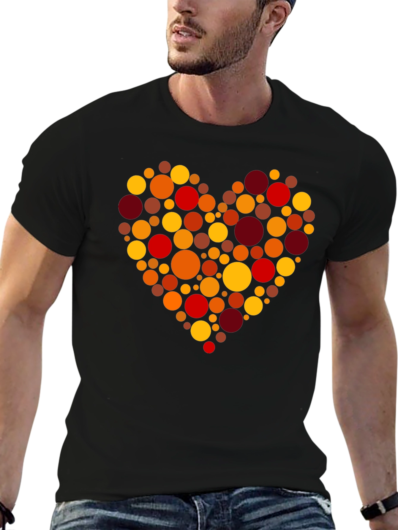Heart Circle Pattern Tee - Casual Black T-Shirt