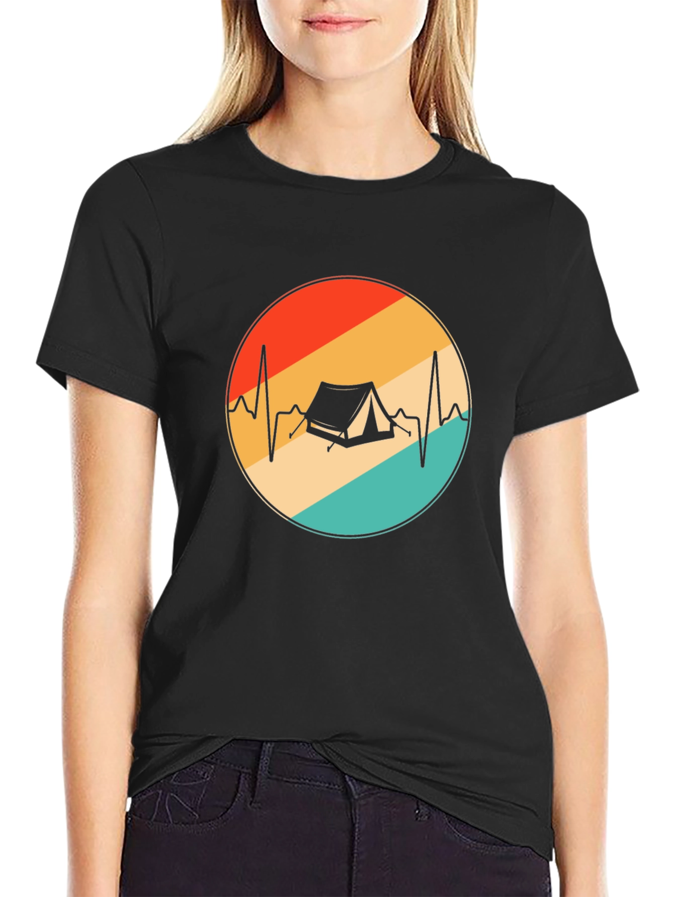 Camping Heartbeat Graphic Tee - Black