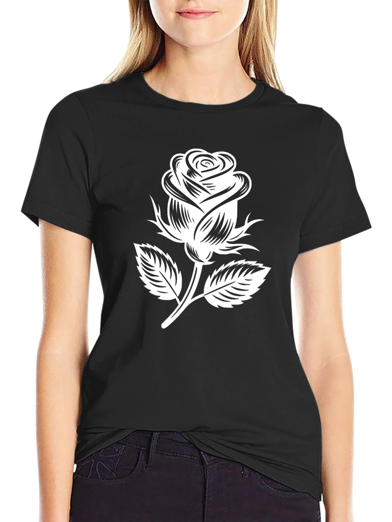 Black T-Shirt with White Rose Graphic