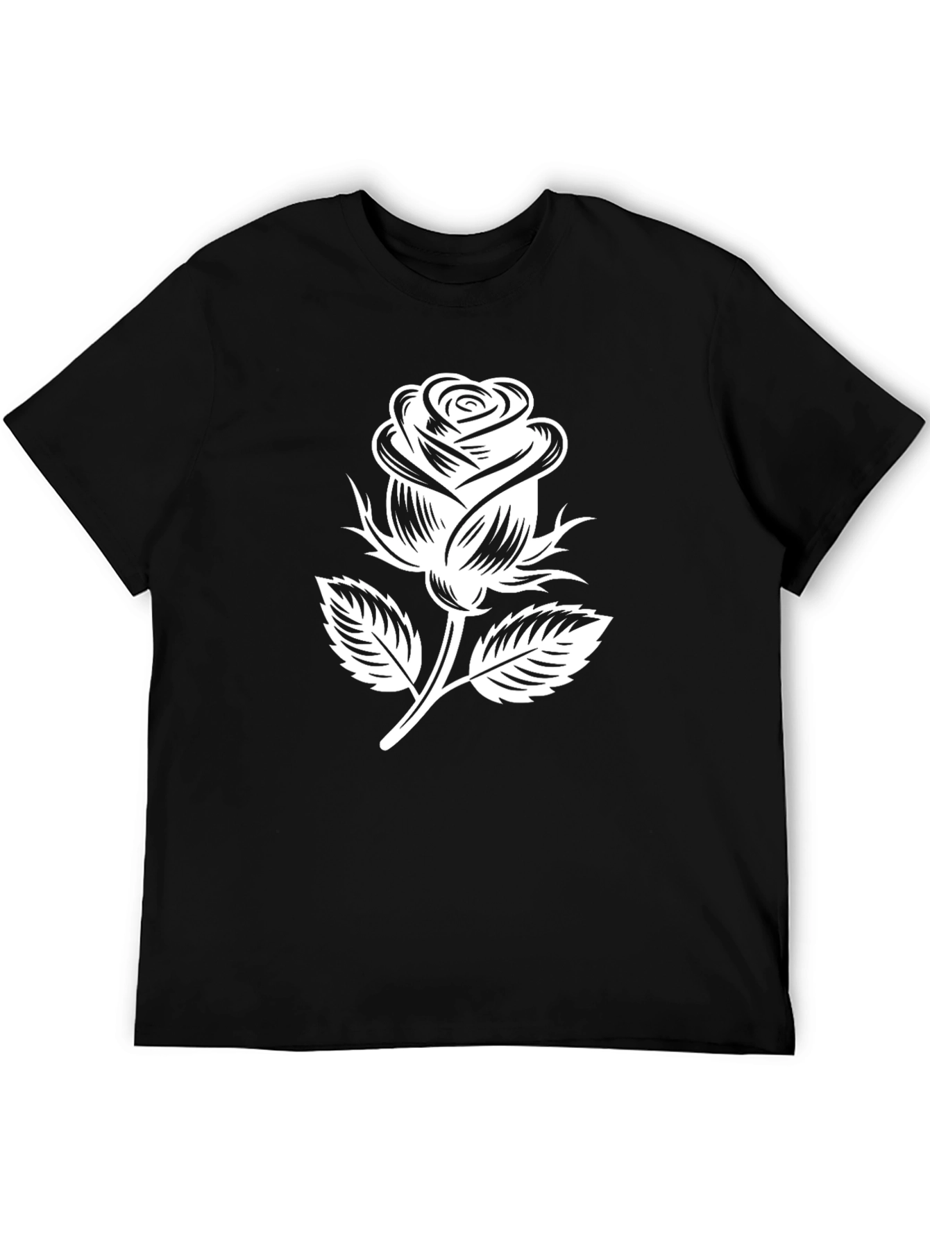 Black T-Shirt with White Rose Graphic