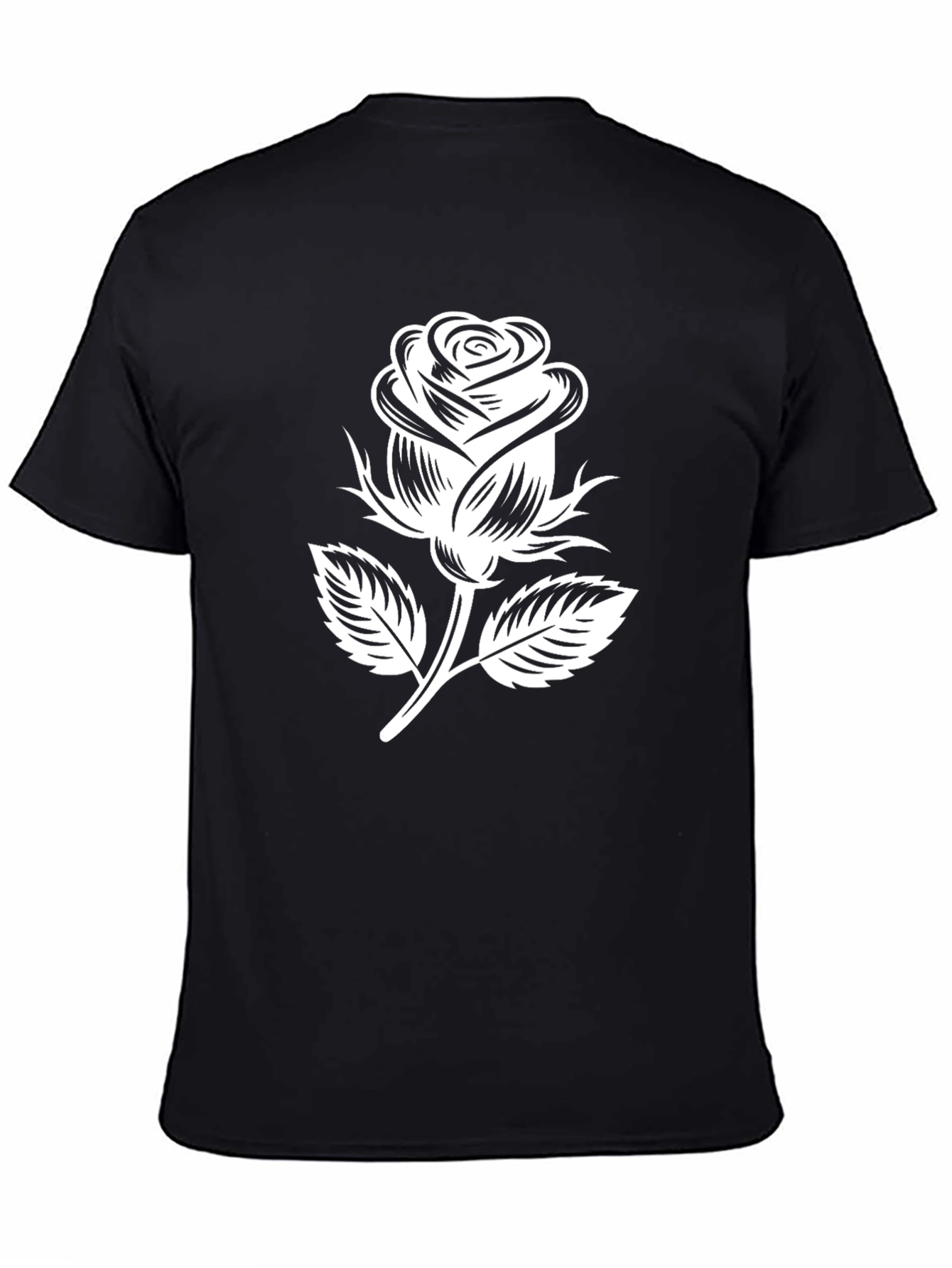 Black T-Shirt with White Rose Graphic
