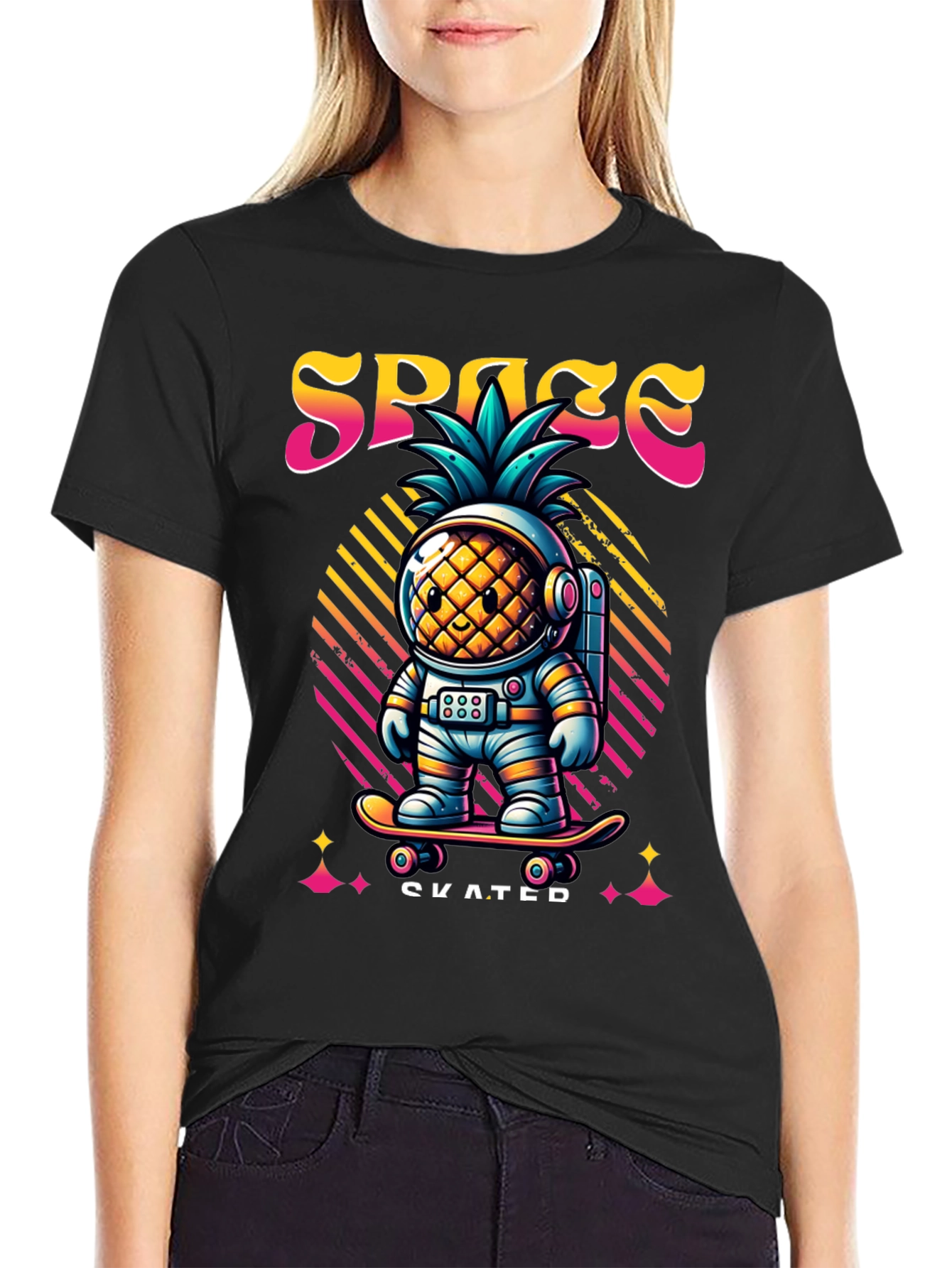 Space Pineapple Skateboarder Graphic T-Shirt