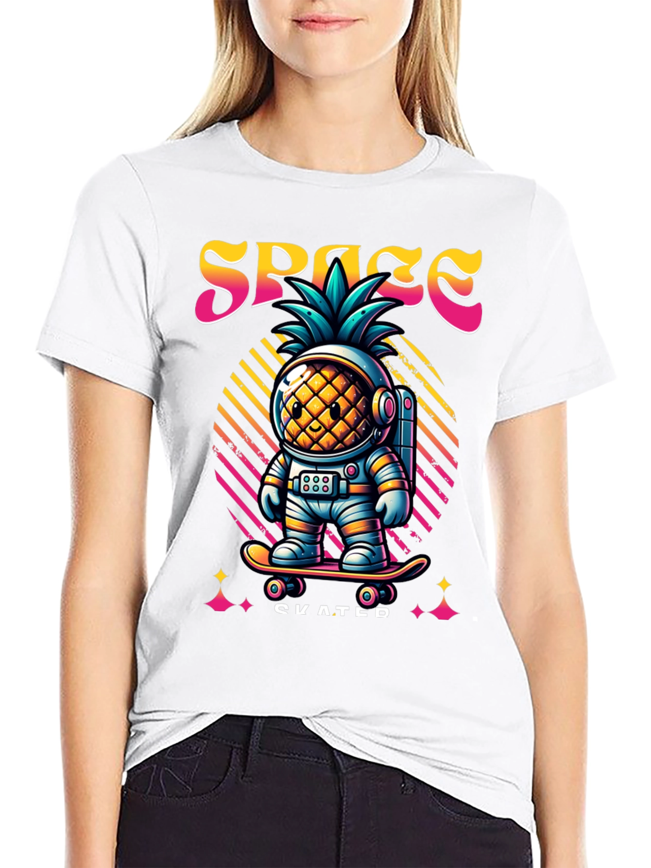 Space Pineapple Skateboarder Graphic T-Shirt
