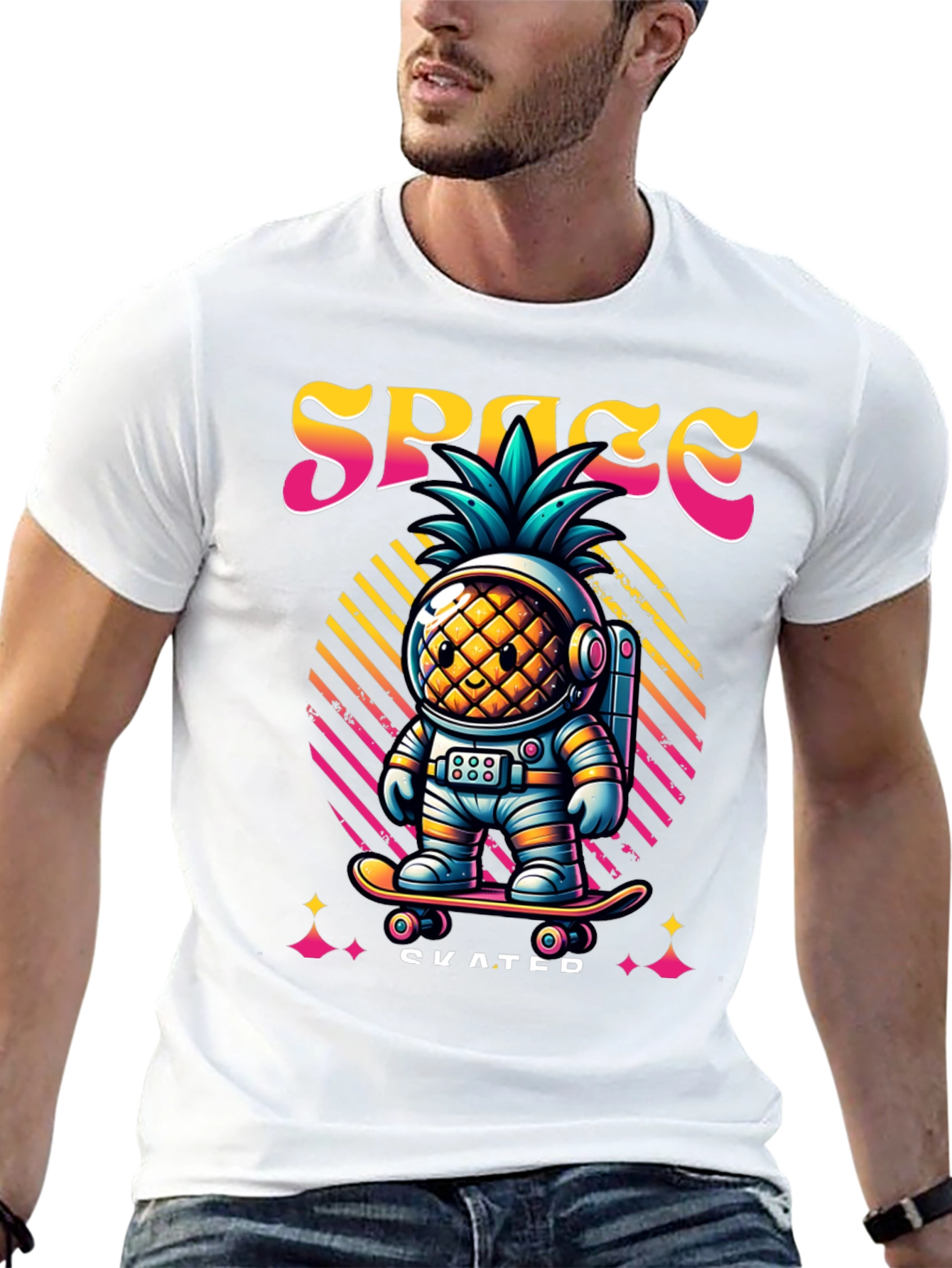 Space Pineapple Skateboarder Graphic T-Shirt