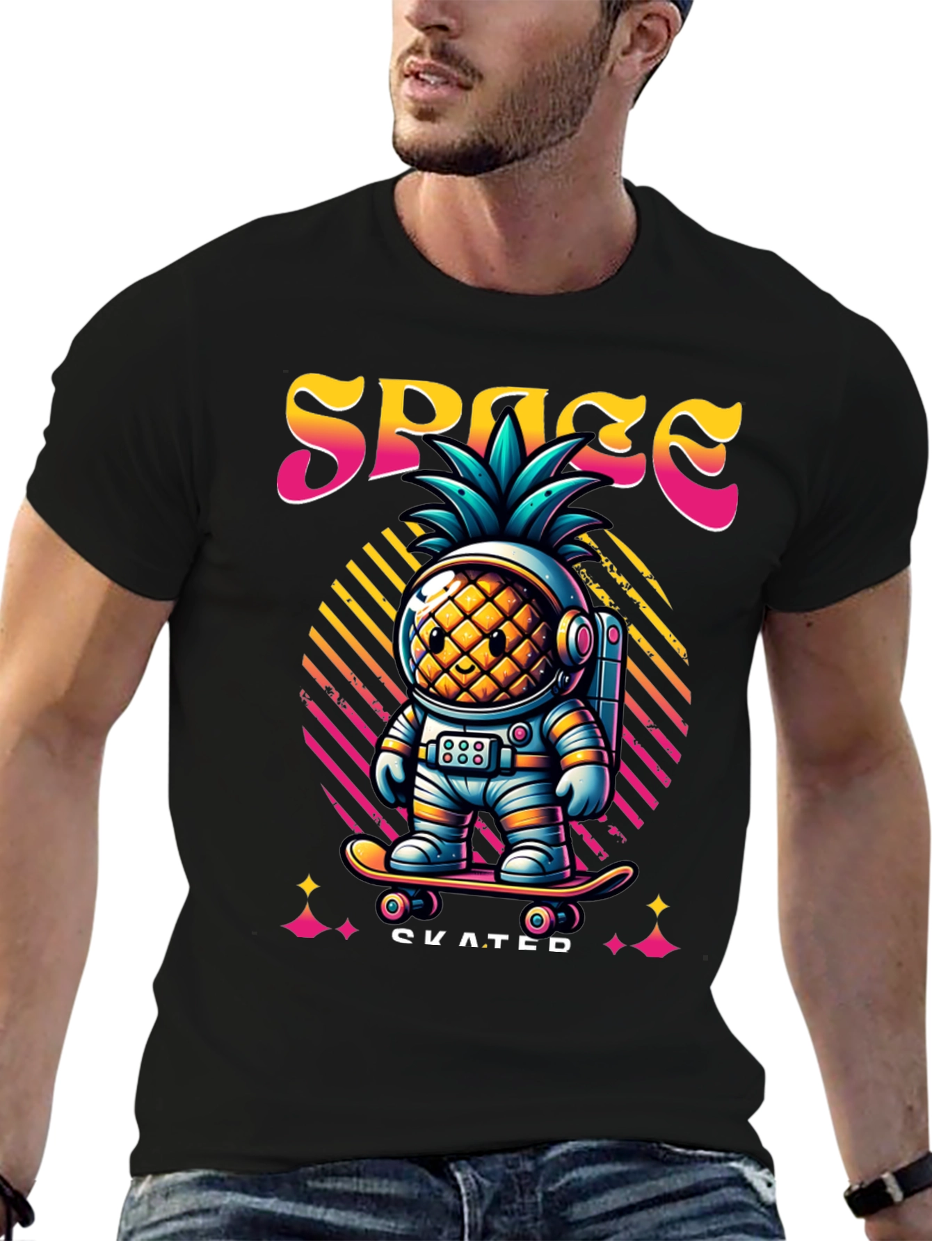 Space Pineapple Skateboarder Graphic T-Shirt