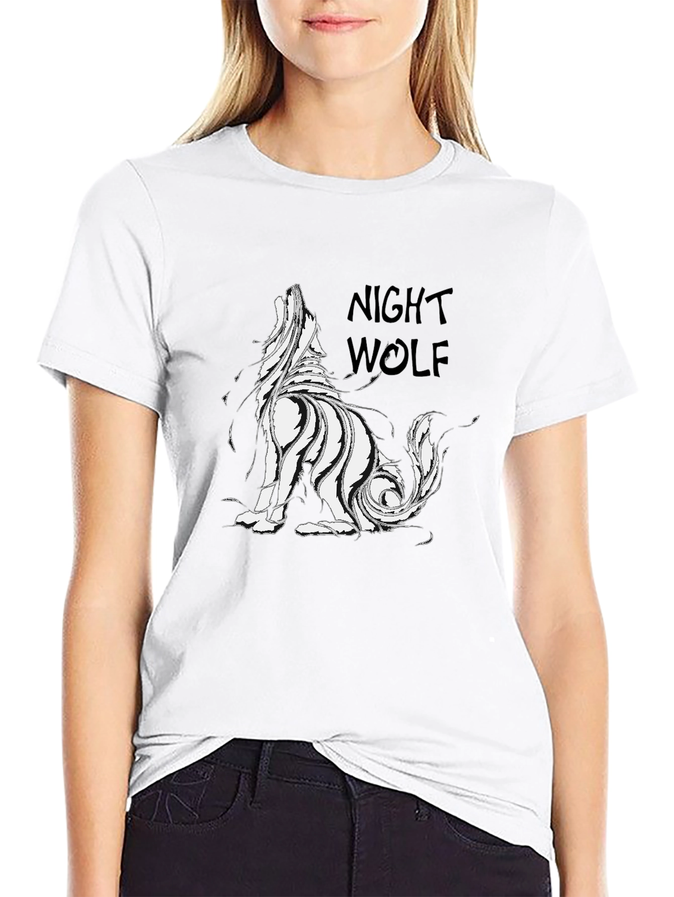 Night Wolf Graphic Print Black T-Shirt