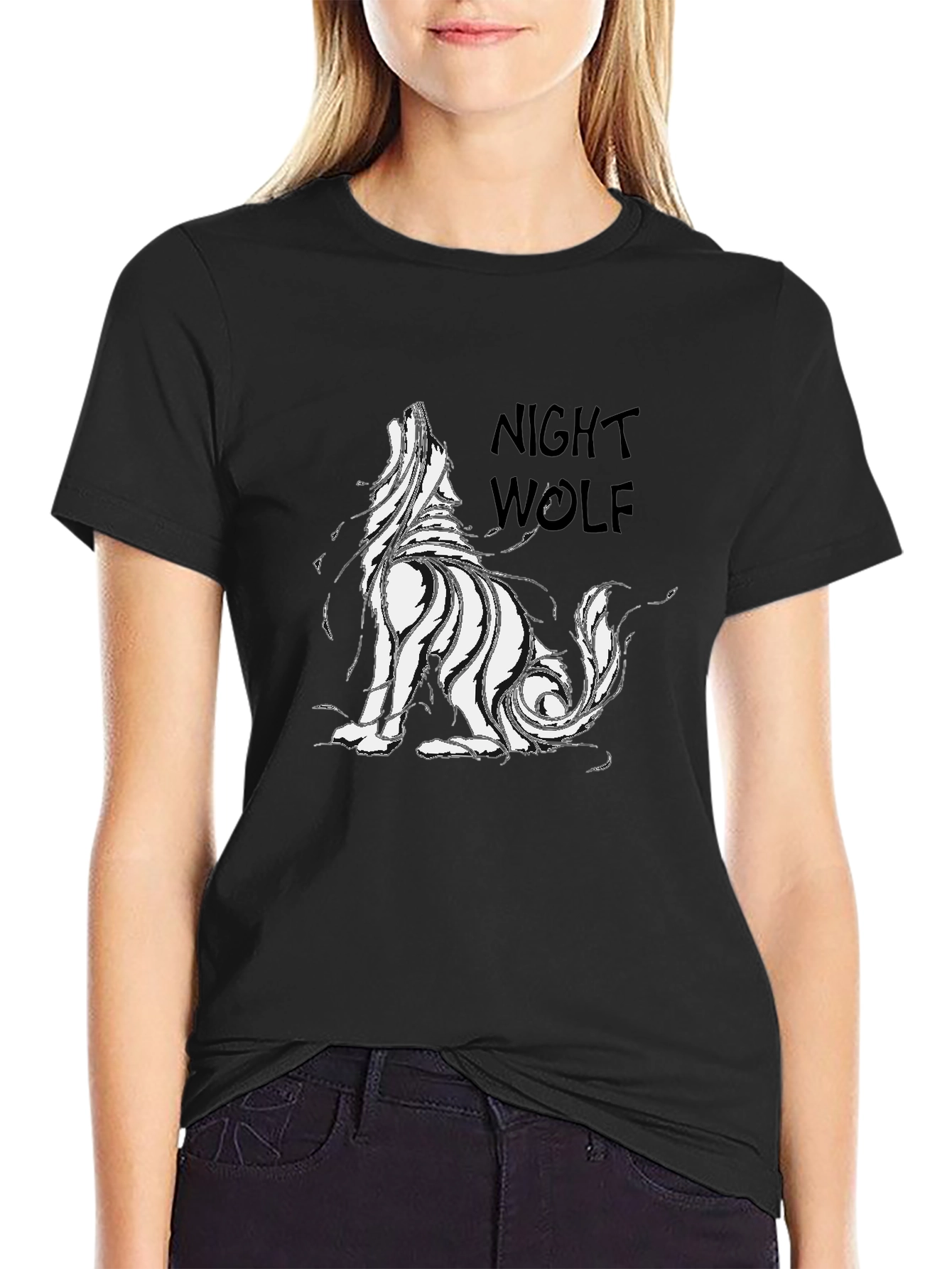 Night Wolf Graphic Print Black T-Shirt
