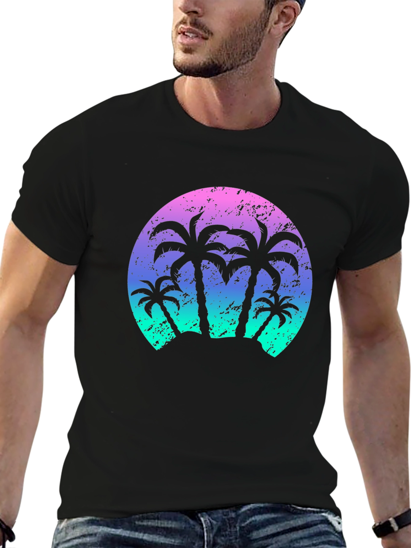 Retro Palm Tree Sunset Black T-Shirt