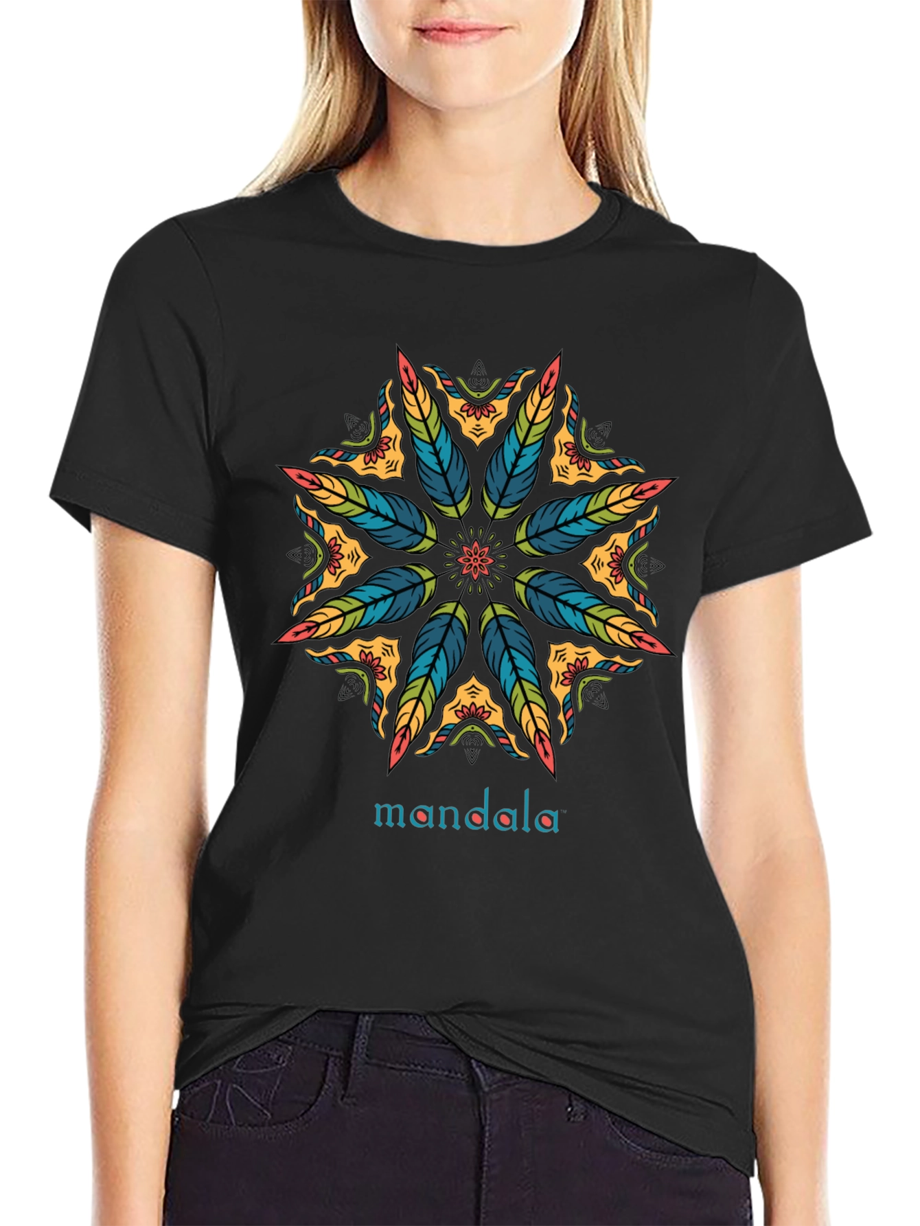 Mandala Feather Design Black T-Shirt
