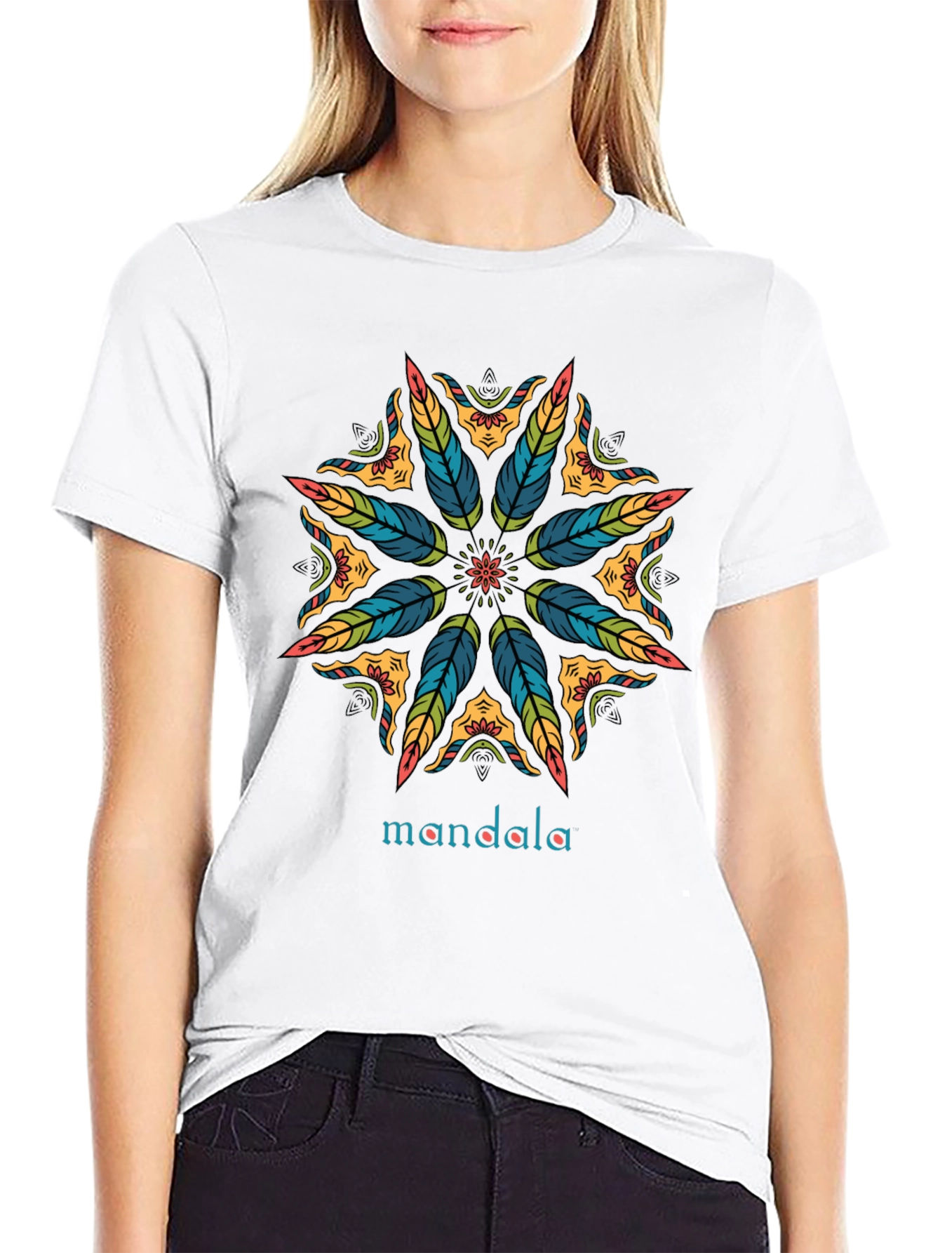Mandala Feather Design Black T-Shirt