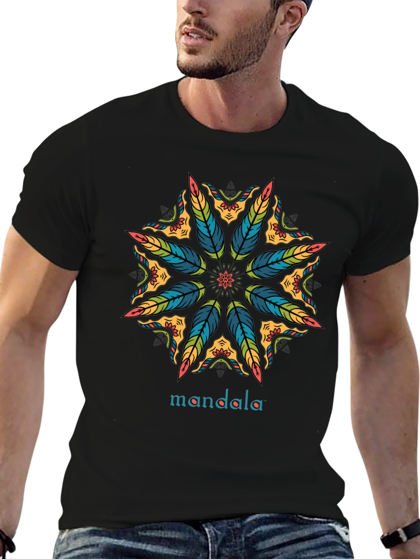 Mandala Feather Design Black T-Shirt
