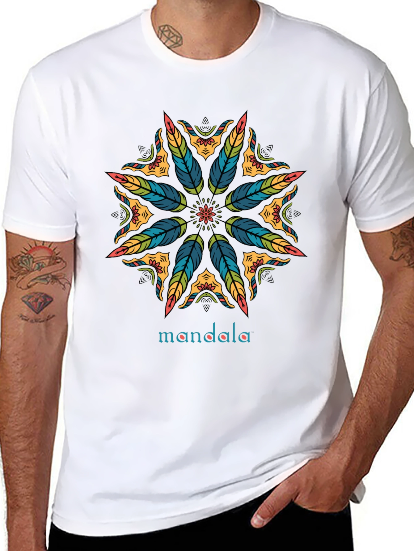 Mandala Feather Design Black T-Shirt