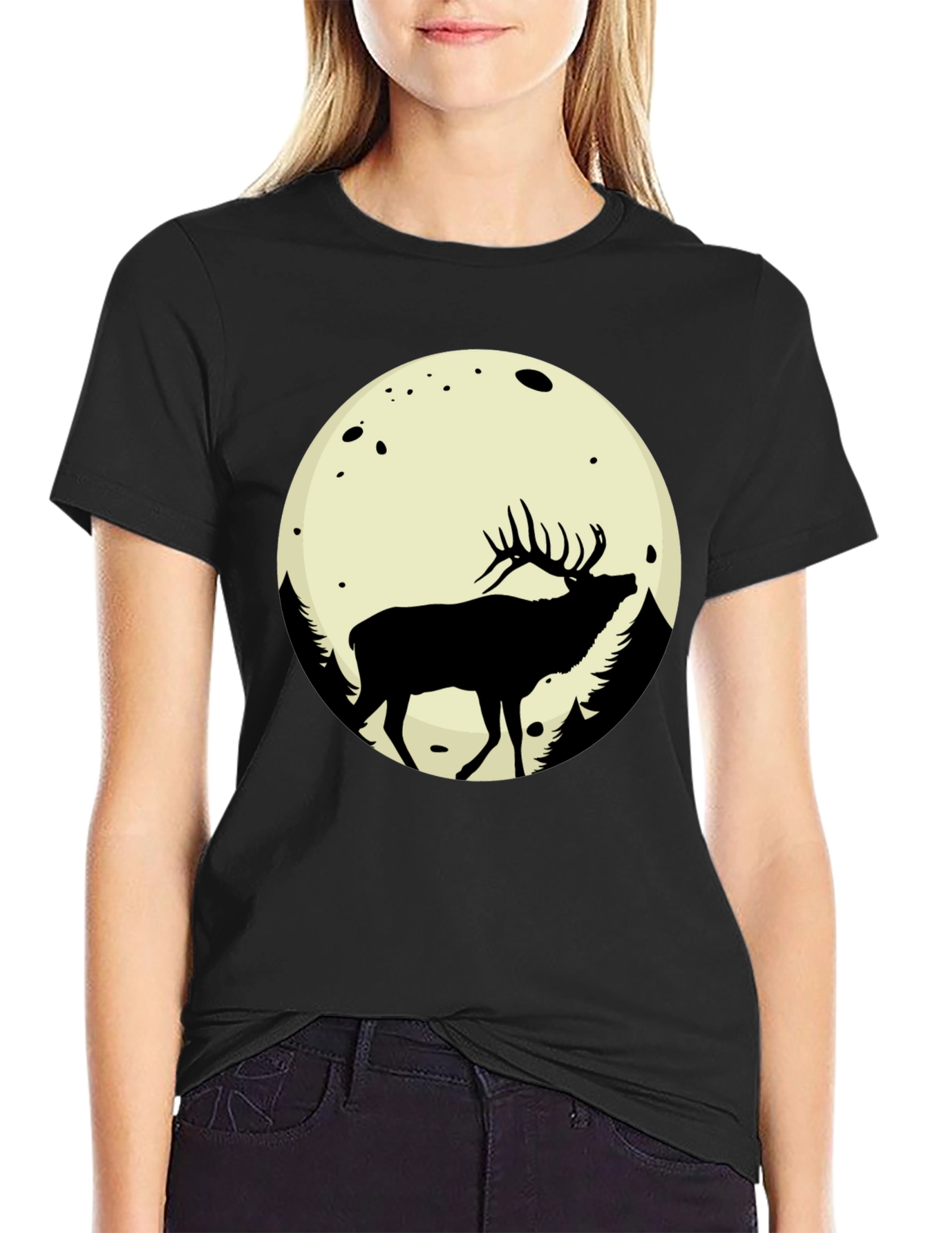 Elk Moon Graphic Tee - Black Cotton Blend T-Shirt