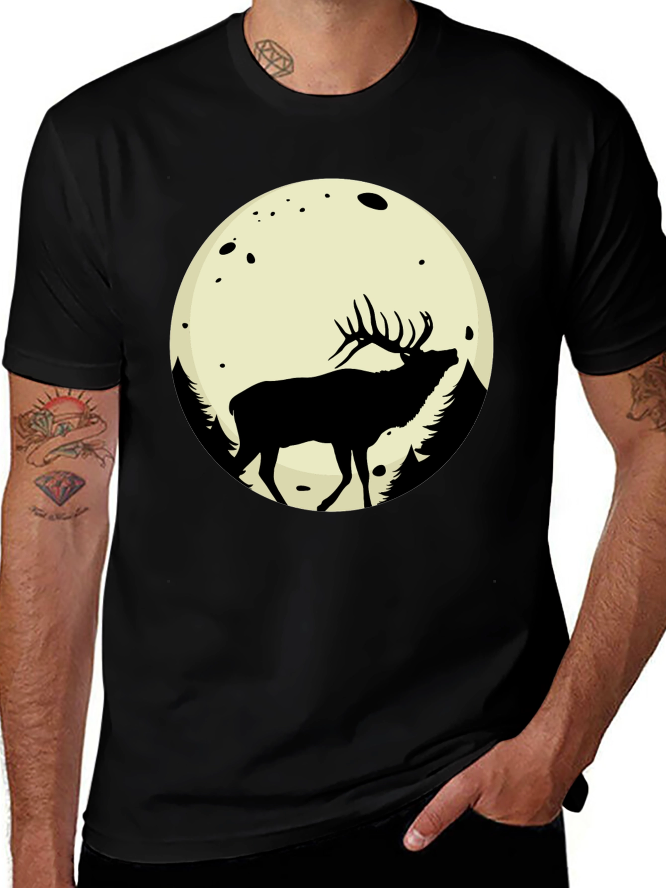 Elk Moon Graphic Tee - Black Cotton Blend T-Shirt