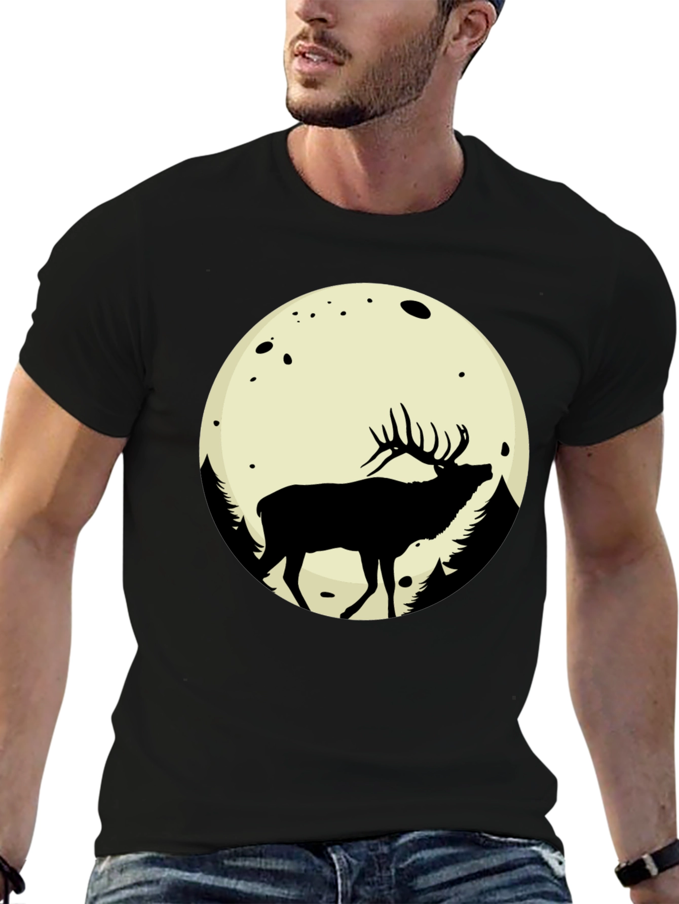 Elk Moon Graphic Tee - Black Cotton Blend T-Shirt