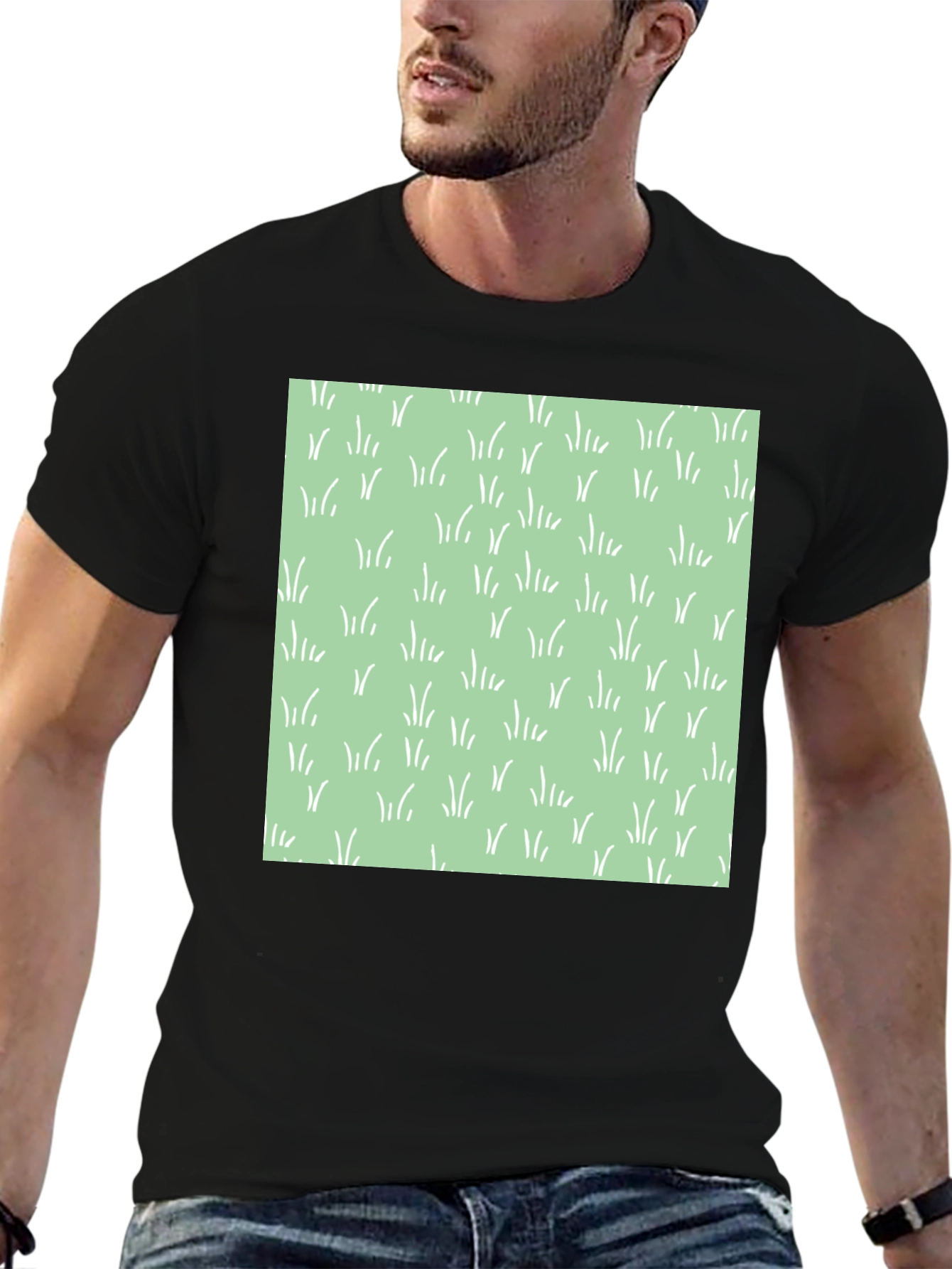 Trendy Black Tee with Grass Design