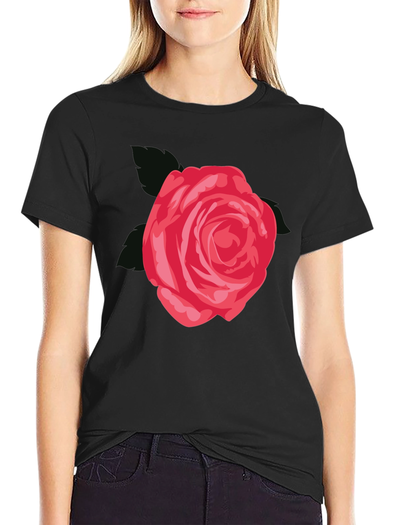 Mens Black T-Shirt with Red Rose Graphic