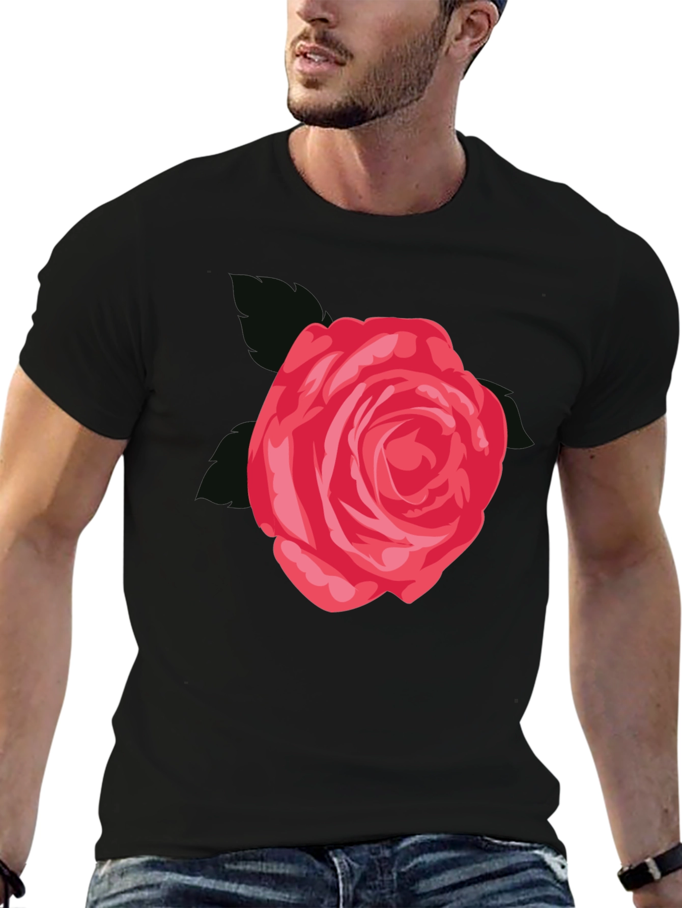 Mens Black T-Shirt with Red Rose Graphic