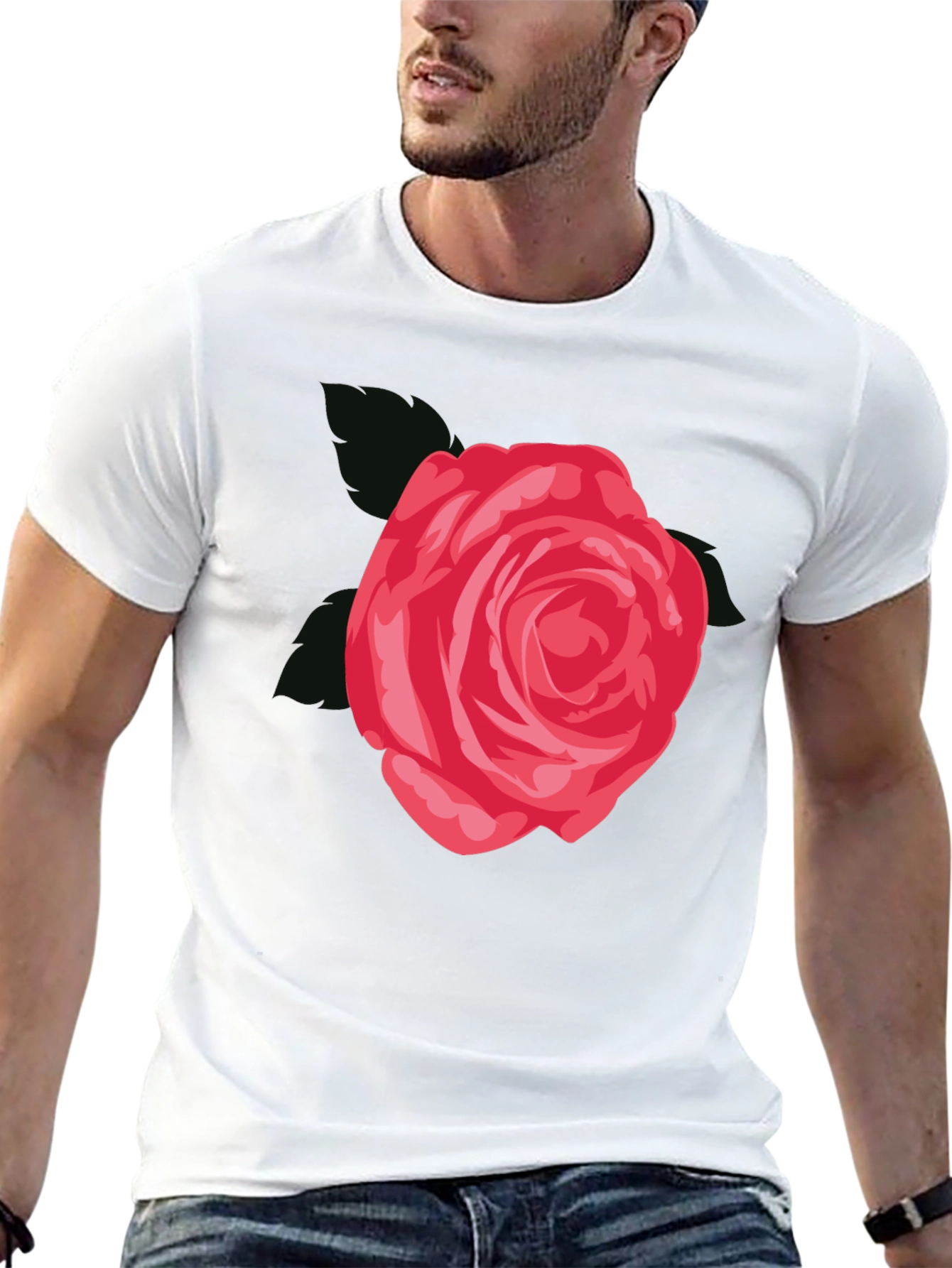 Mens Black T-Shirt with Red Rose Graphic