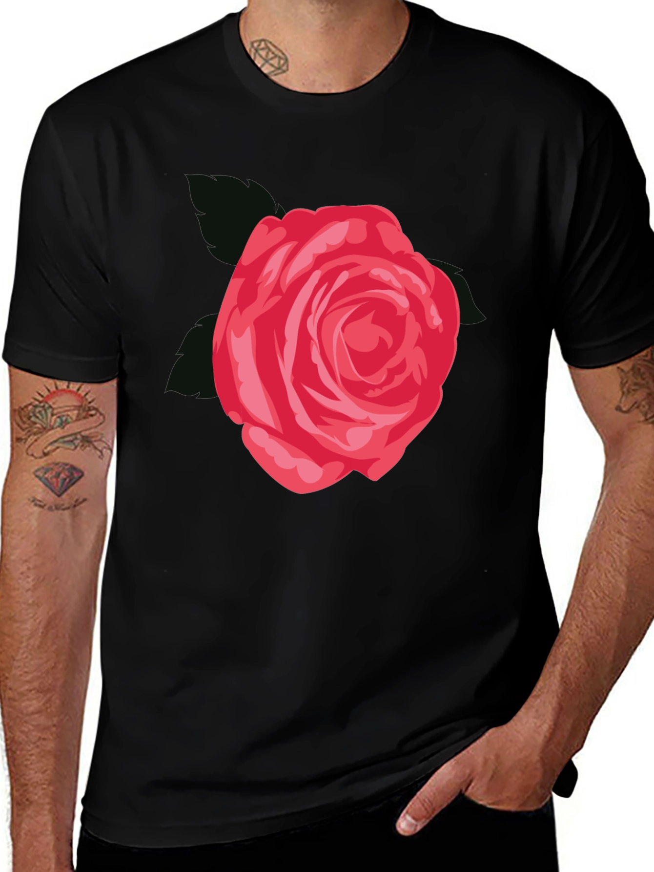 Mens Black T-Shirt with Red Rose Graphic