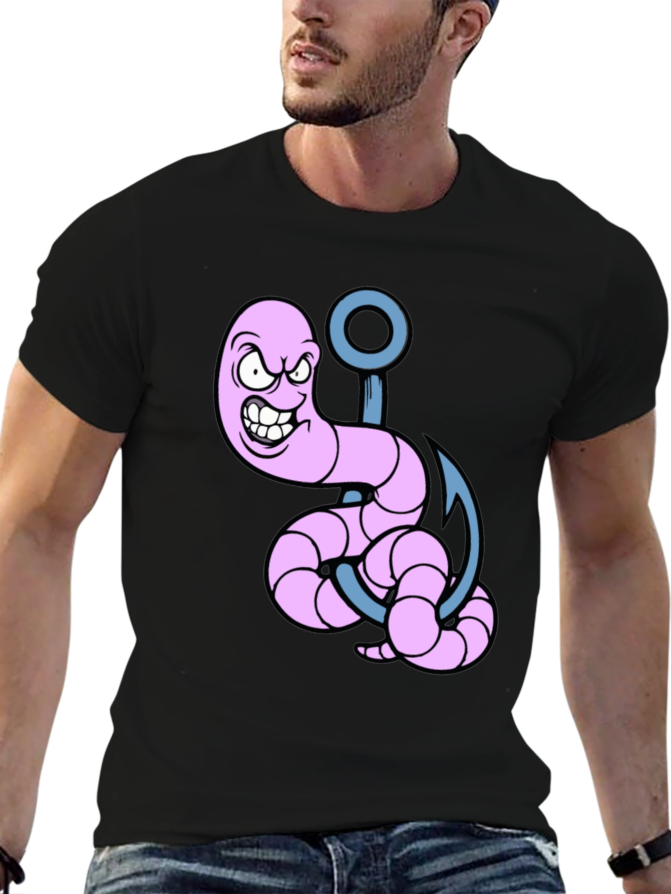 Cartoon Worm on Hook Graphic Tee - Black