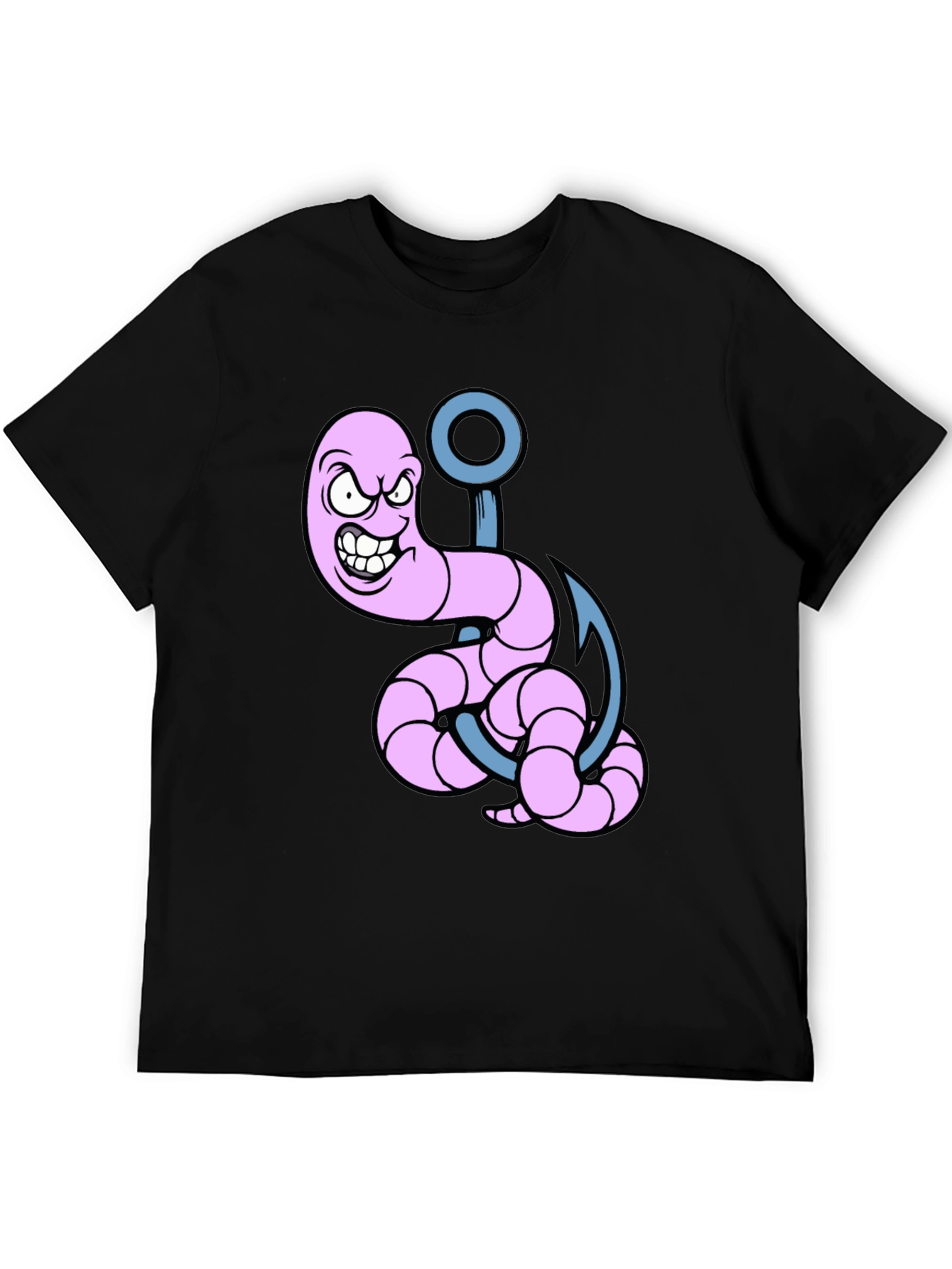 Cartoon Worm on Hook Graphic Tee - Black