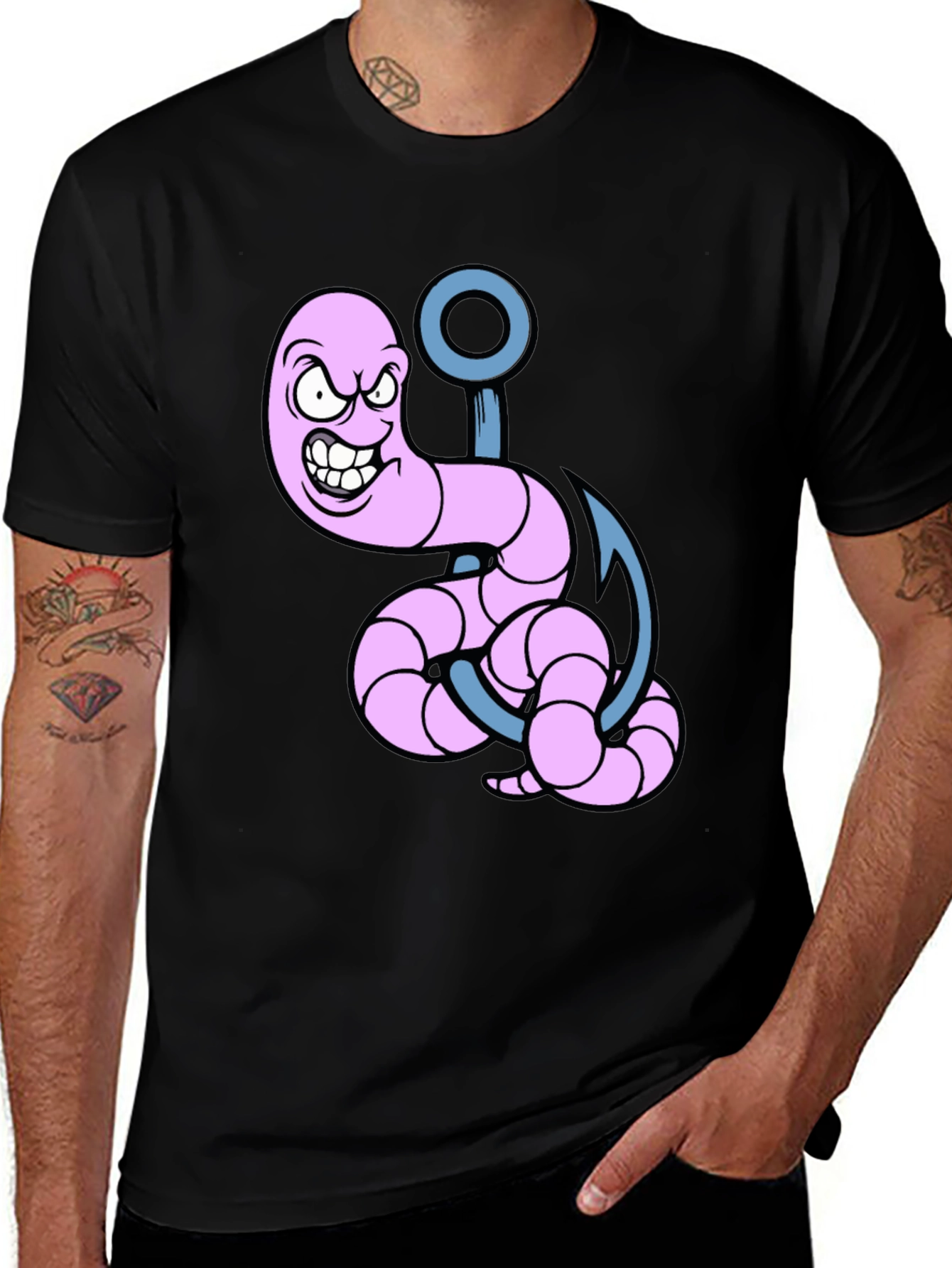 Cartoon Worm on Hook Graphic Tee - Black