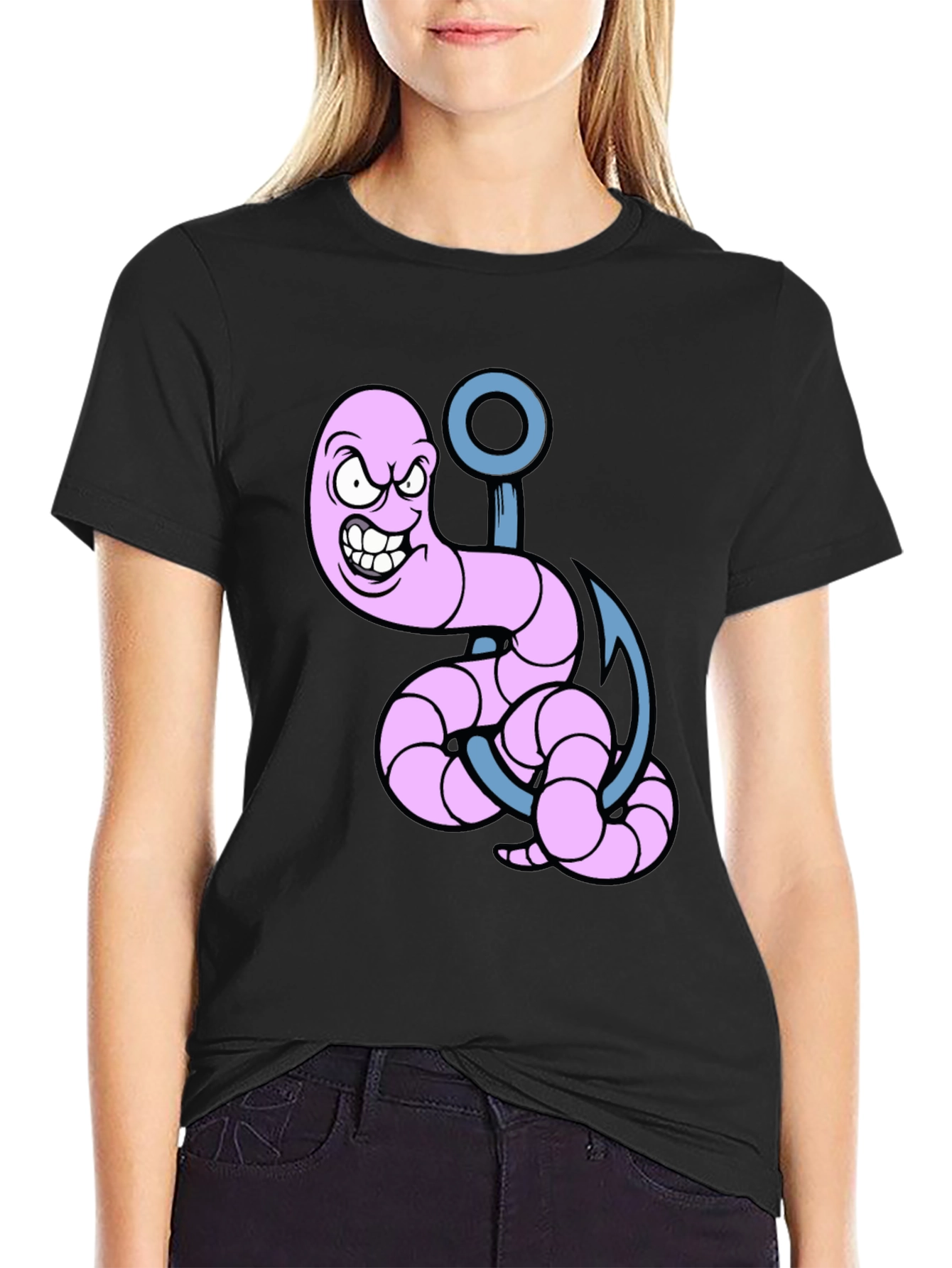 Cartoon Worm on Hook Graphic Tee - Black
