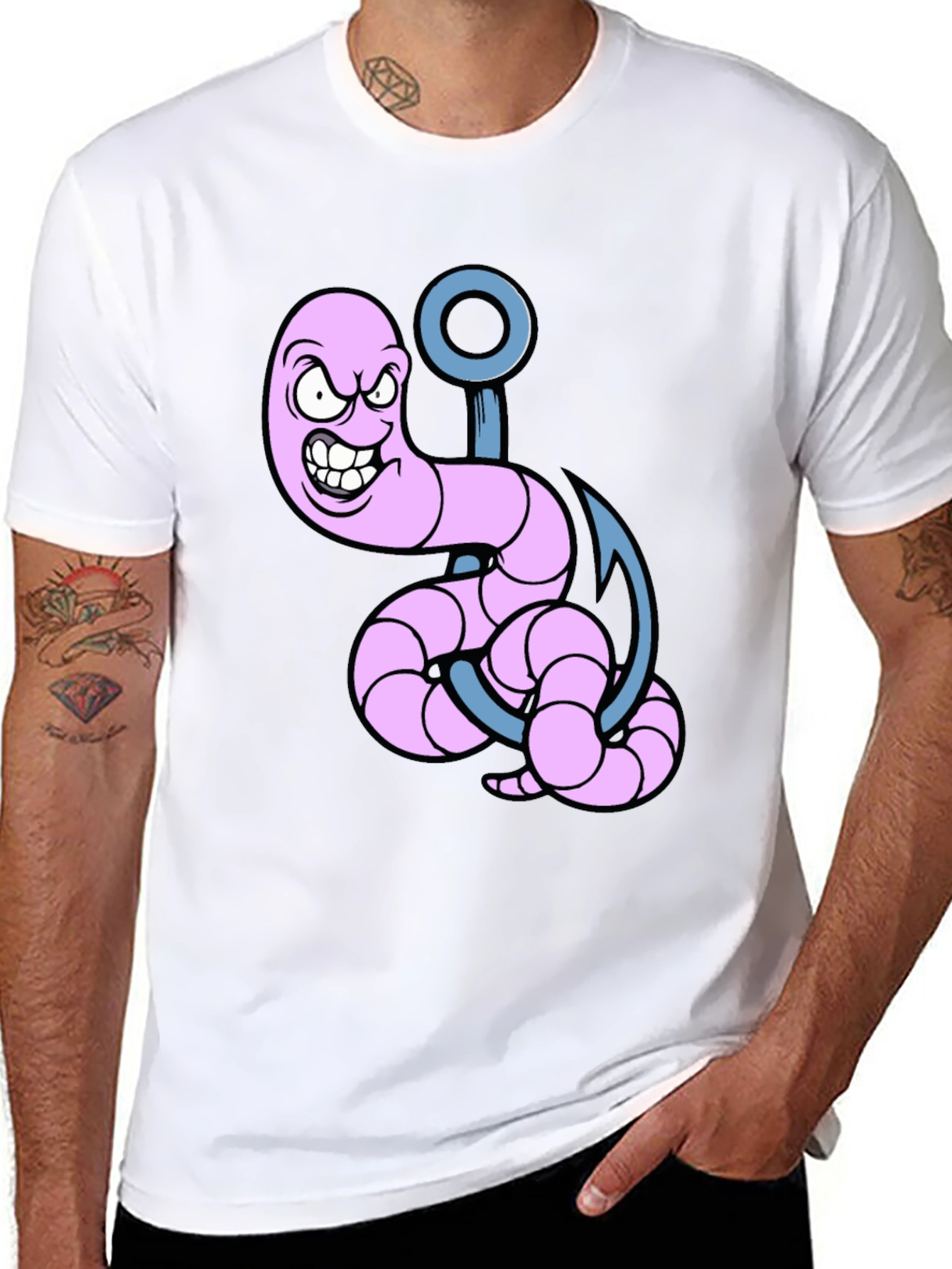Cartoon Worm on Hook Graphic Tee - Black