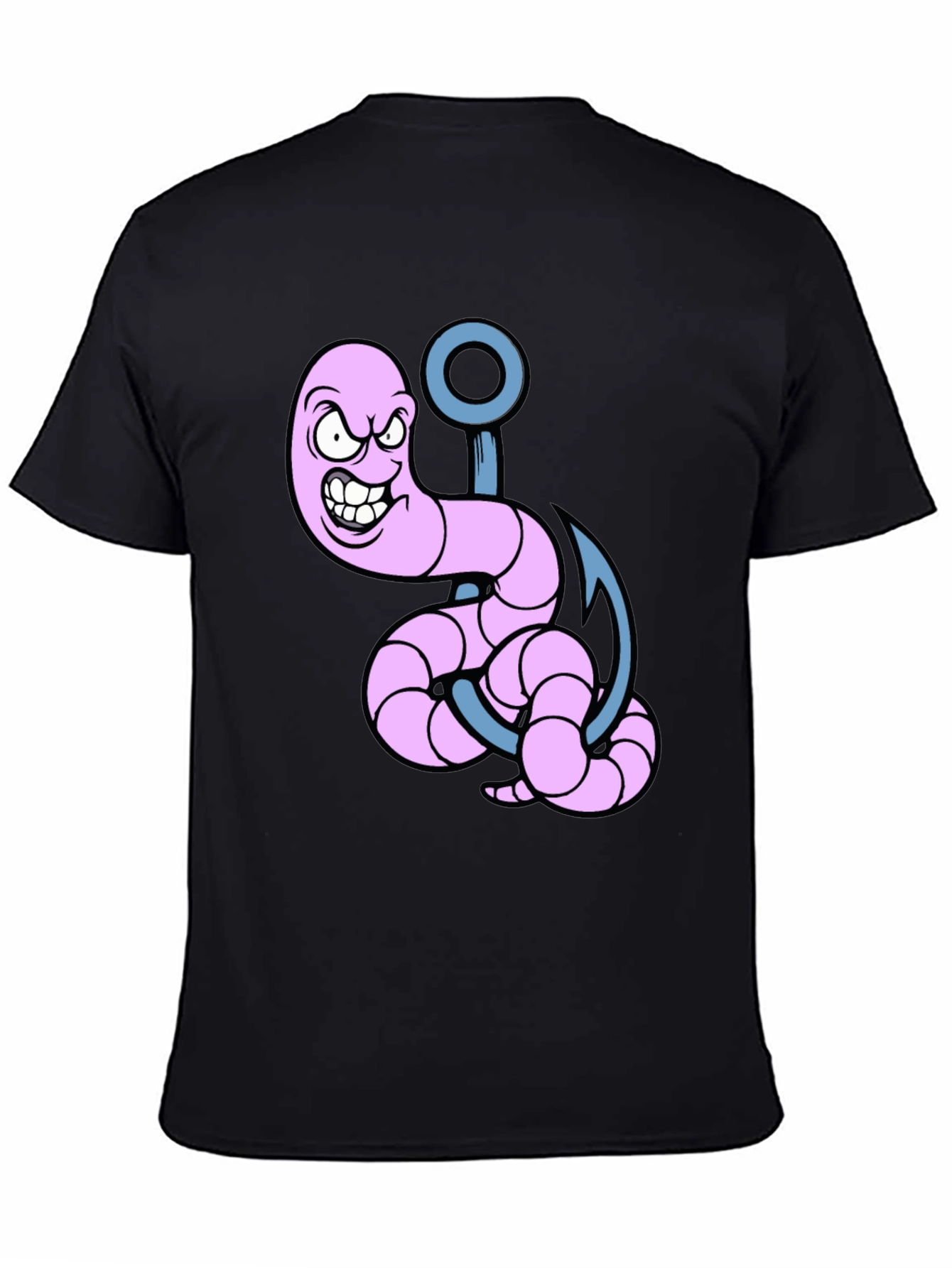 Cartoon Worm on Hook Graphic Tee - Black