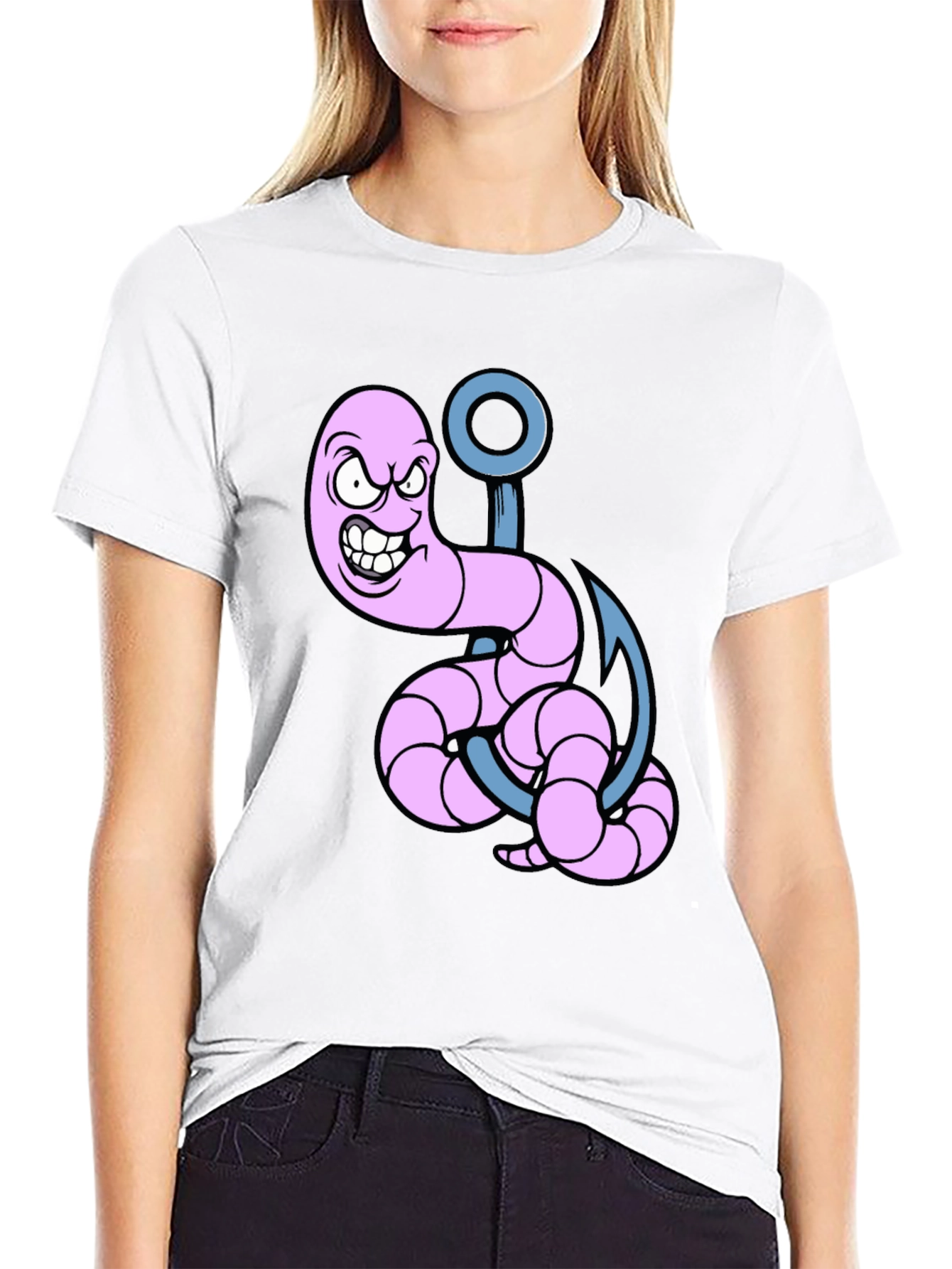 Cartoon Worm on Hook Graphic Tee - Black
