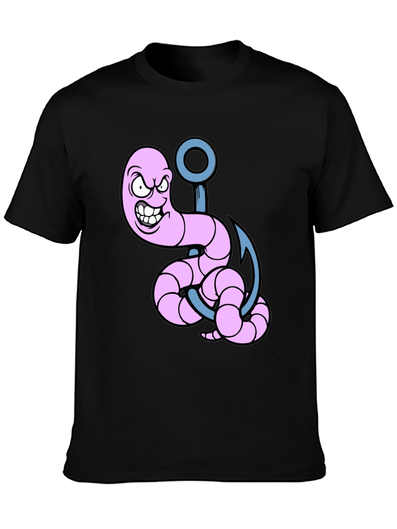 Cartoon Worm on Hook Graphic Tee - Black