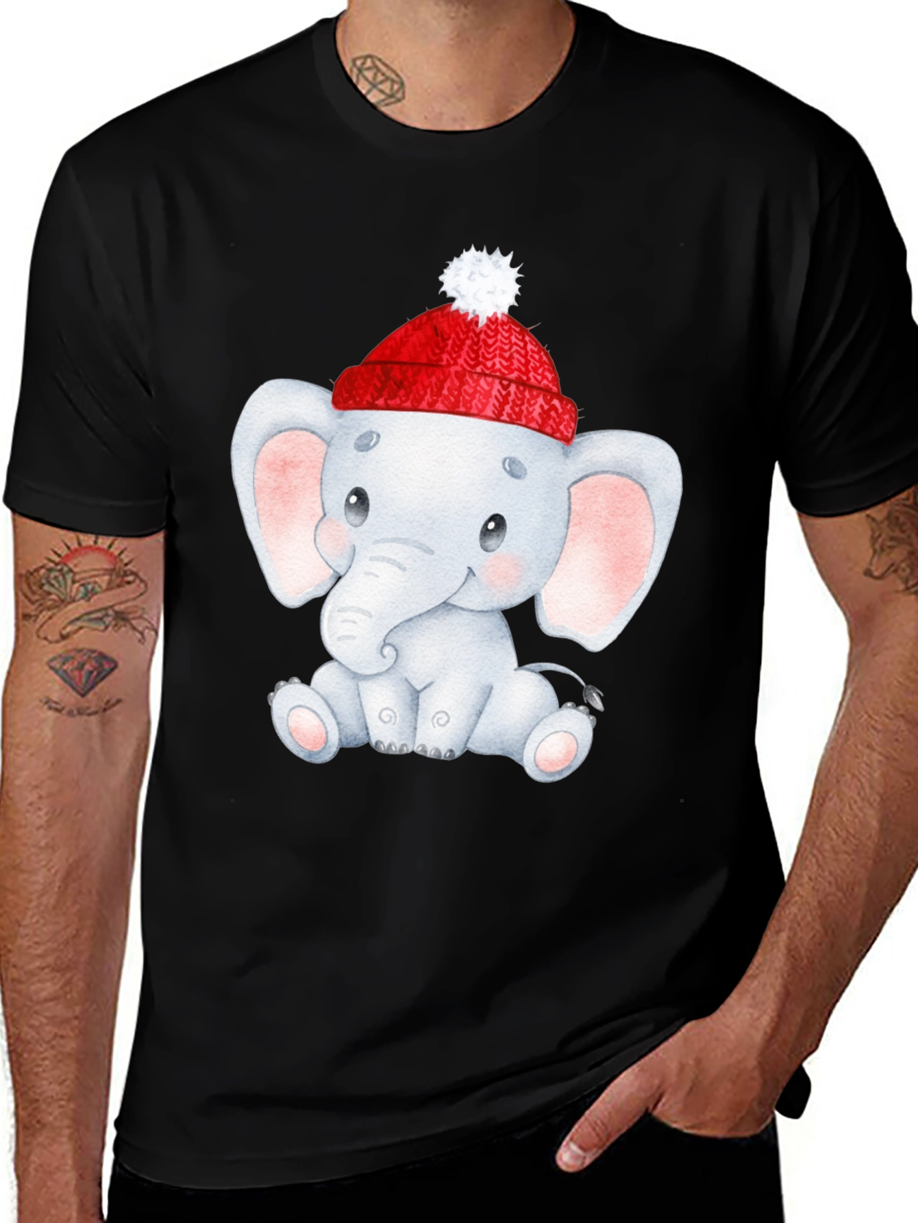 Cute Elephant in Santa Hat Graphic Tee