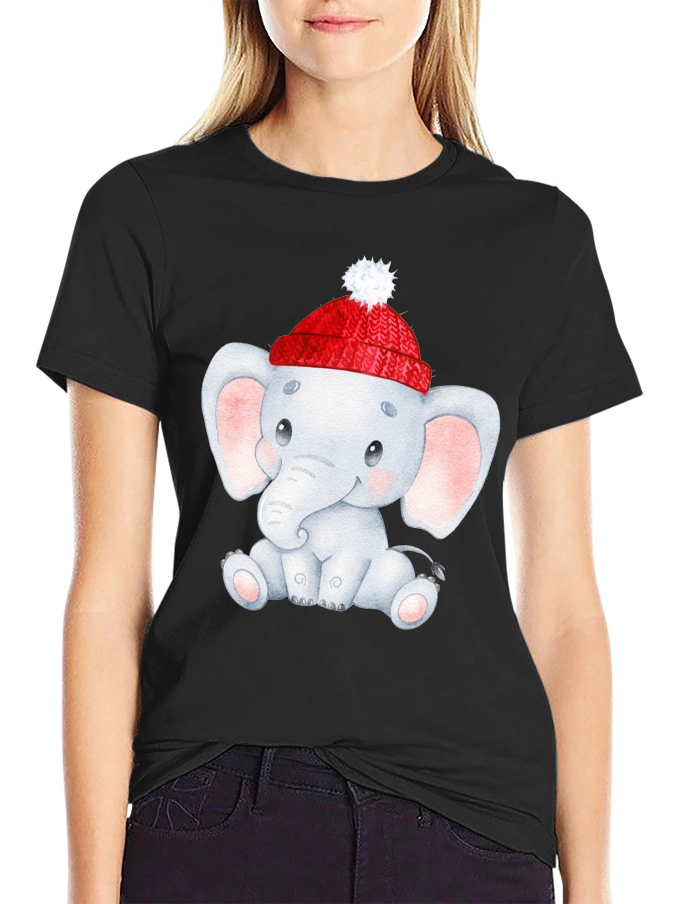 Cute Elephant in Santa Hat Graphic Tee