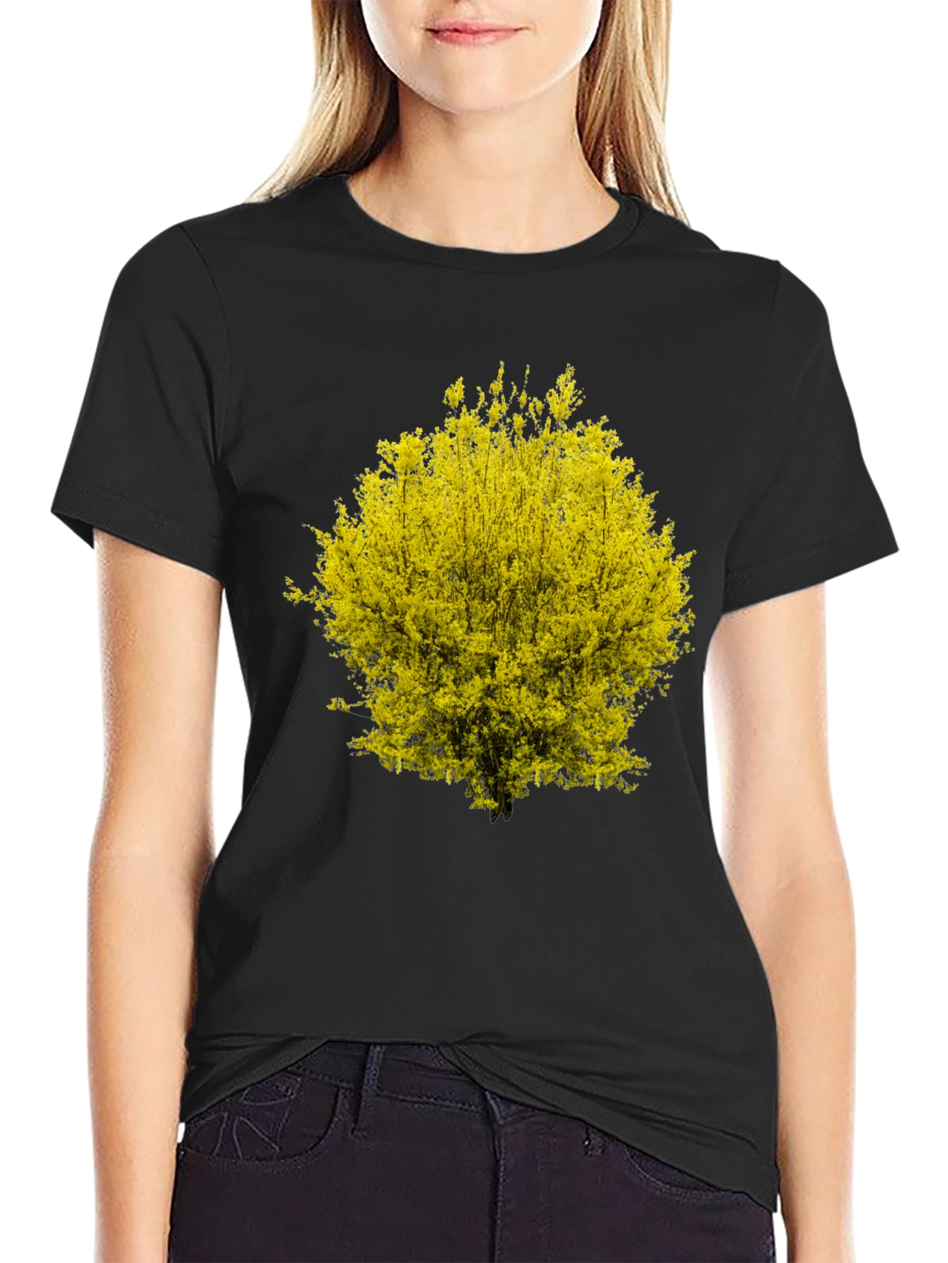 Yellow Blossom Tree Graphic Black T-Shirt
