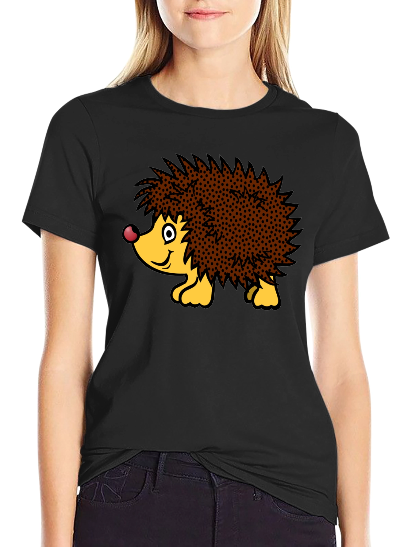 Cute Hedgehog Graphic Tee - Black Cotton T-Shirt