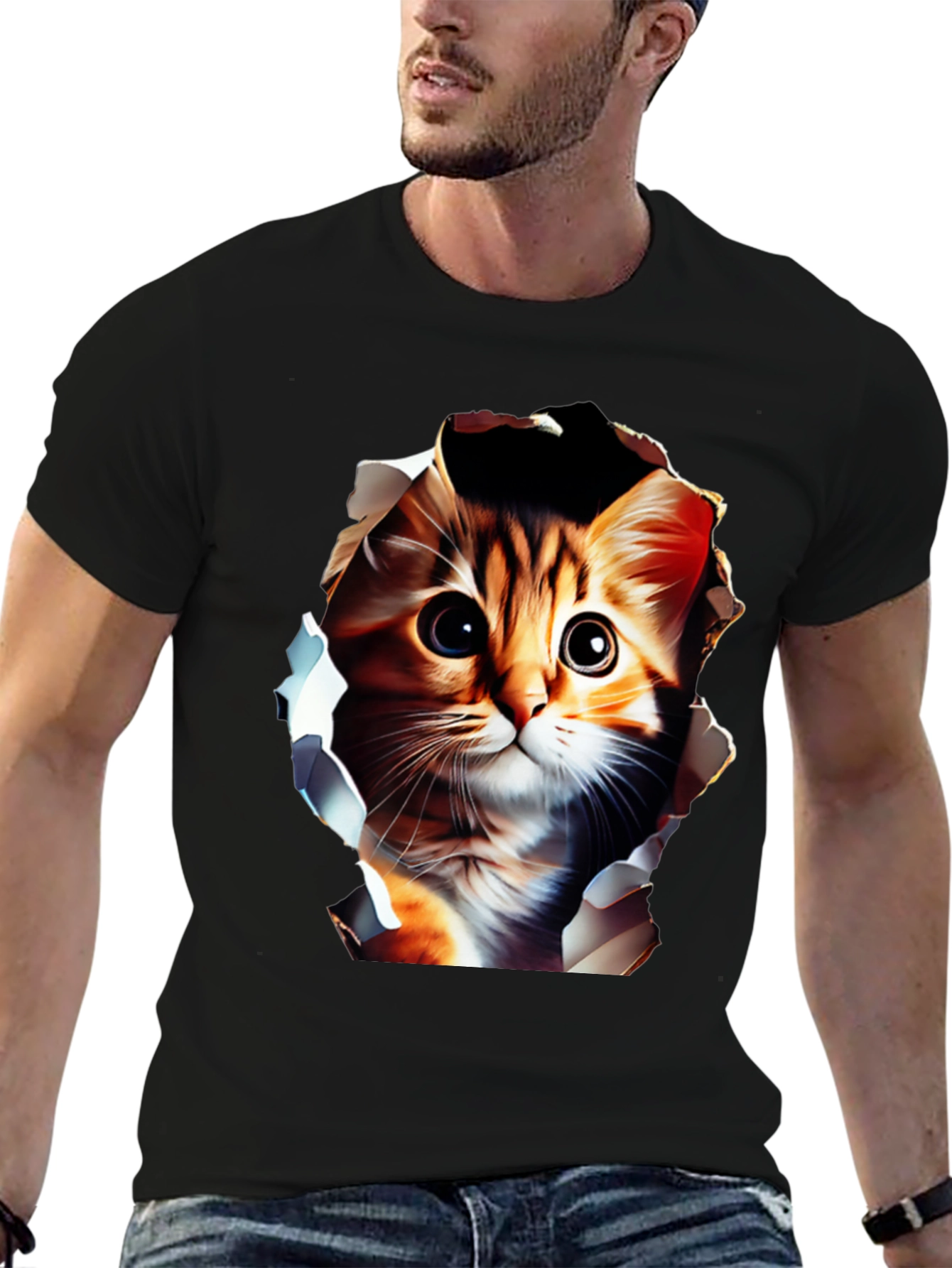 Cute Cat Graphic Tee - Mens Black T-Shirt